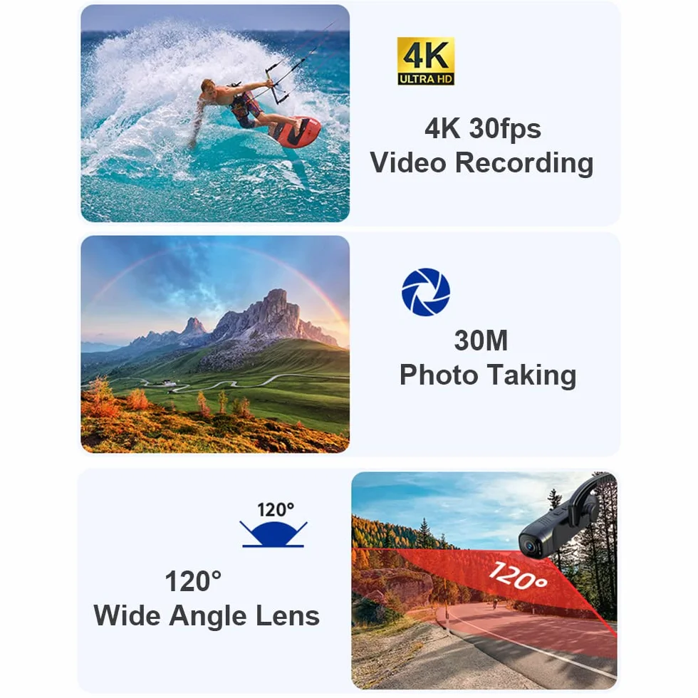 Andoer Caméra 4K 30 fps à fixation frontale WiFi portable avec objectif grand angle 120°