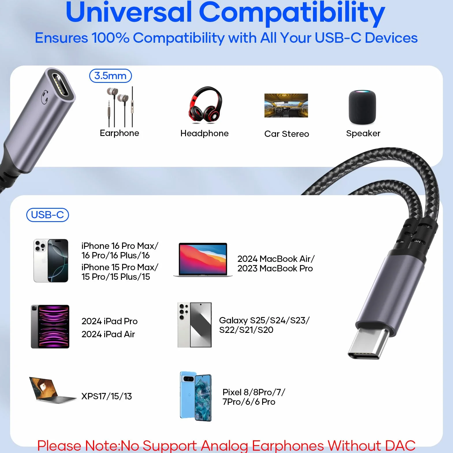 Répartiteur Double USB C 2 en 1 Adaptateur USB-C Audio et Charge pour iPhone 16 15 Pro Max iPad Samsung S25 S24 S23, Gris