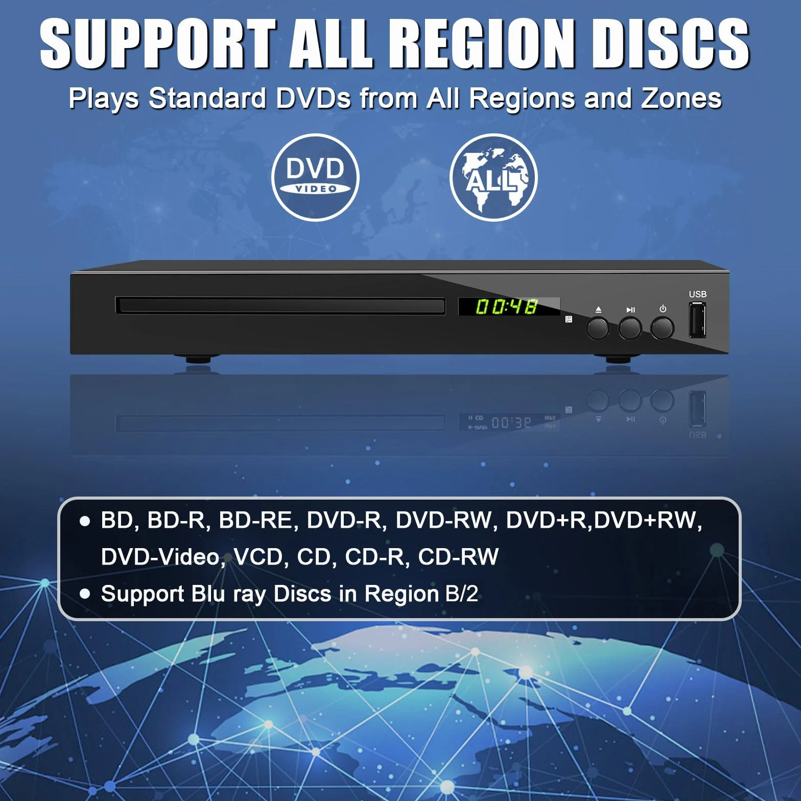 Lecteur de DVD Blu-Ray pour TV, HD Lecteur Blu-Ray Lit Le Disque Blu-Ray de Région 2, Lecteur DVD CD 1080P Toutes Régions pour la Maison, Supporte Clé USB Sortie HDMI AV Coaxiale (Blu-Ray Région 2)