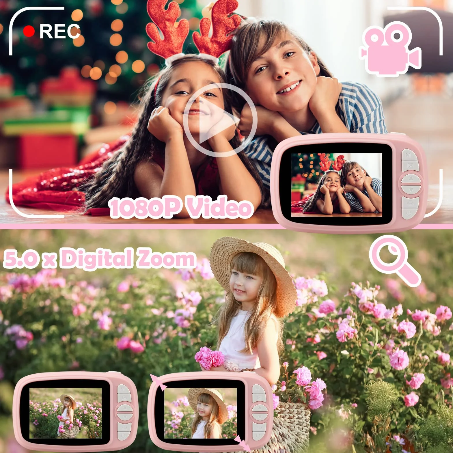 Appareil Photo Instantané Enfant, 3,5" Appareil Photo Enfants Cadeaux pour 3 à 14 Ans, Papier d'impression sans Encre et 32GB Carte, 12MP 1080P Enregistreur Photos Vidéo 3 en 1 Jouet (Rose)