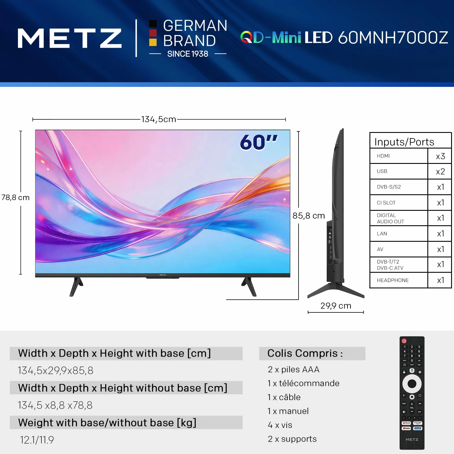 Metz Mini LED TV 60 Pouces 4K, QLED, Television Google TV Local Dimming Dolby Atmos Dolby Vision MEMC HDR 10+ Bluetooth Eye Care HDMI Tuner DVB-T/T2/C/S/S2 CI+ (MNH7000Z, 2026 Nouveau Modèle)