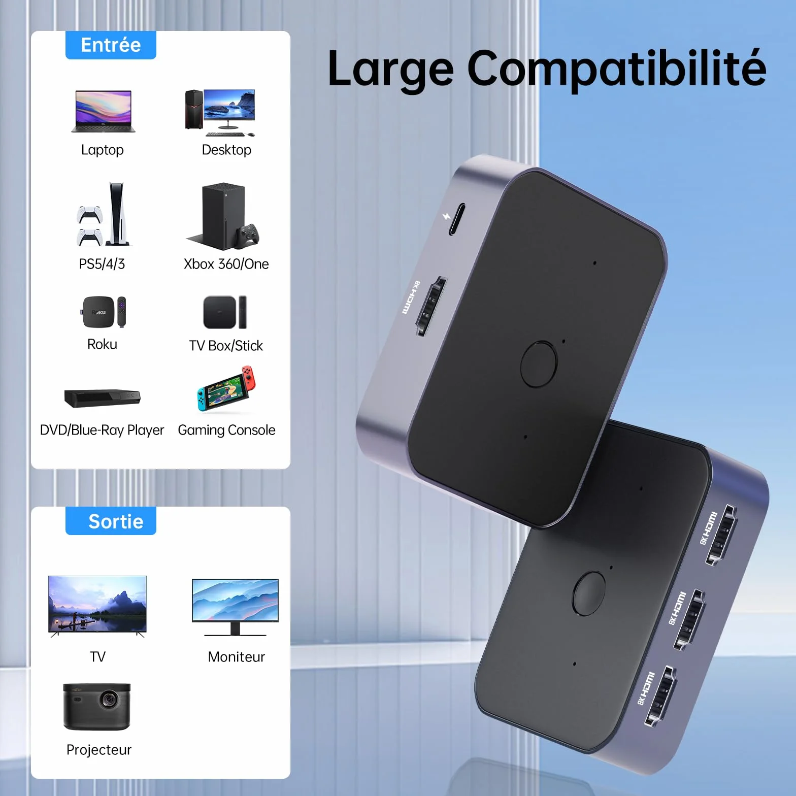 Commutateur HDMI 2.1 Switch 3 Entrées 1 Sortie, 8K 60Hz 4K 120Hz 48Gbps HDMI Switch UHD HDR 3D Compatible avec PS5/Switch/Xbox/Steam Deck/PC/Streaming/HDTV/Moniteur/Projecteur