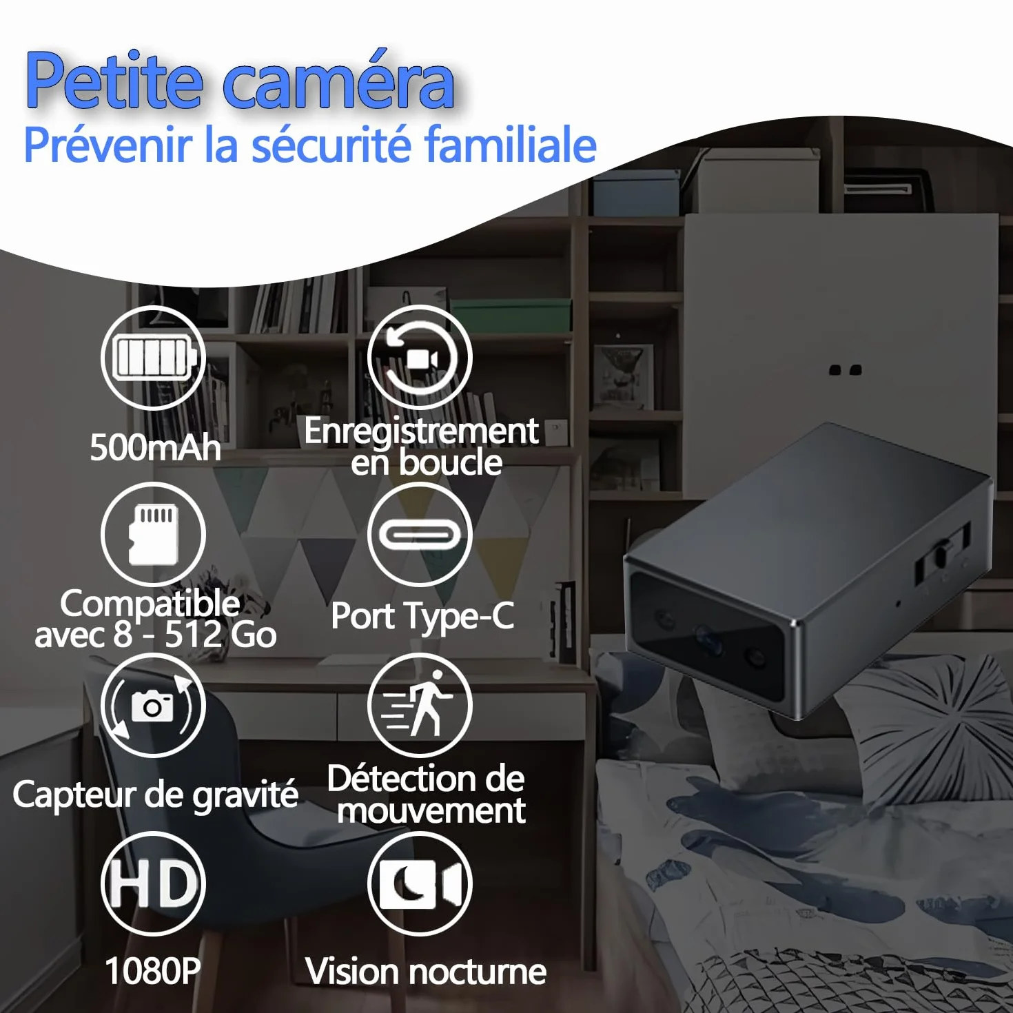 Caméra de surveillance intérieure/extérieure-Caméra cachée-Caméra HD 1080P, caméra mini-Convient pour le domicile,le bureau,la surveillance des animaux de compagnie et des enfants (sans WiFi)