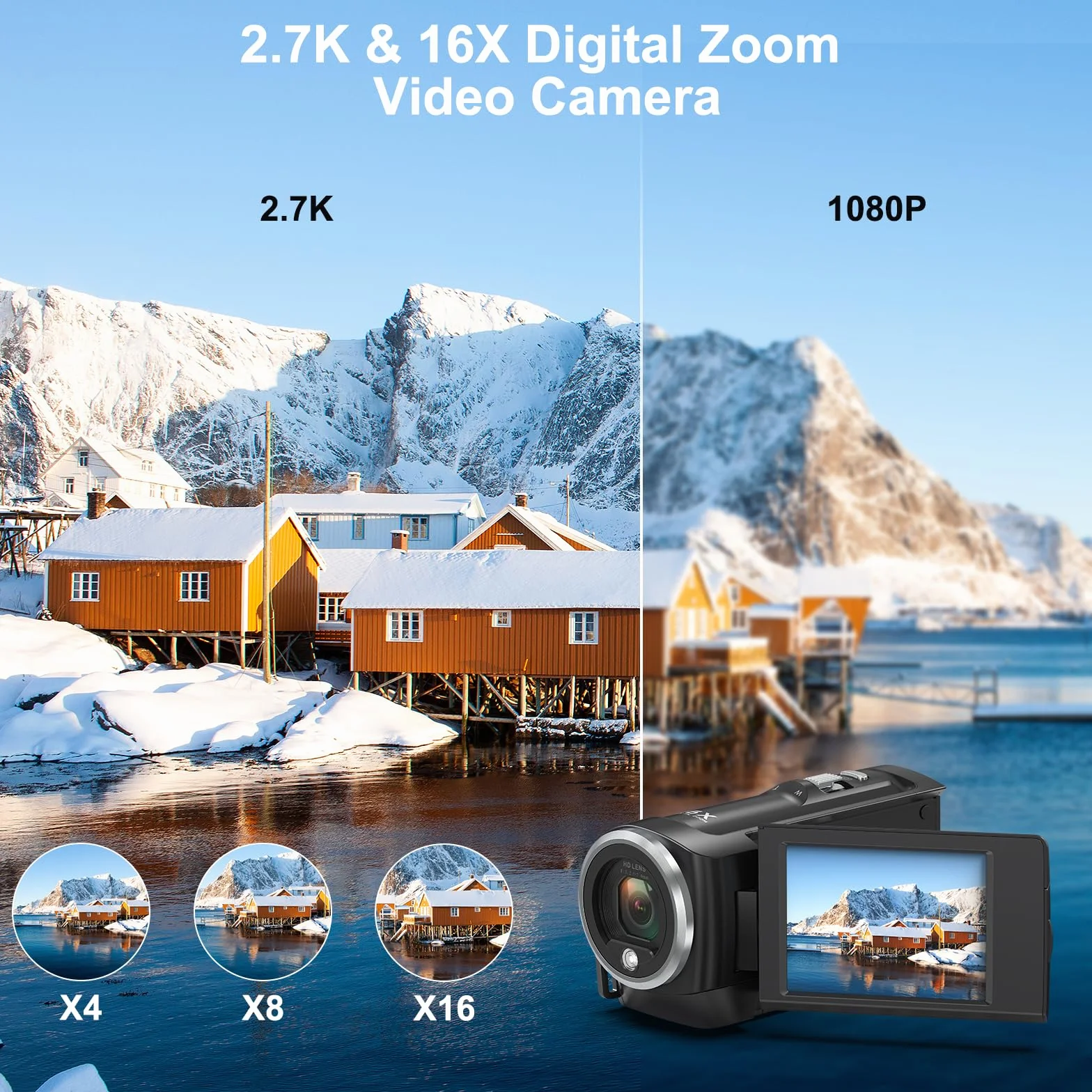 Caméra vidéo 2.7K 56MP avec éclairage LED, Zoom numérique 16X, Écran LCD 2,8", Carte SD 32 Go, 2 Piles