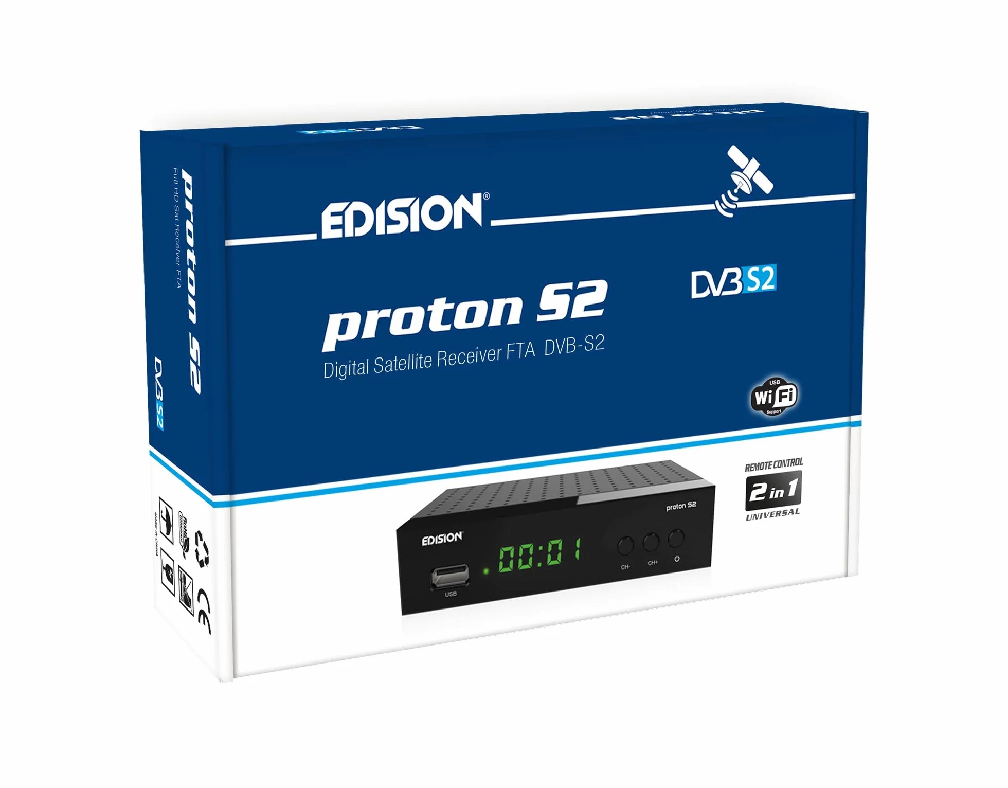 EDISION PROTON S2, DVB-S2 Full High Definition Free-Τo-Air récepteur satellite, WiFi support, Télécommande IR 2en1