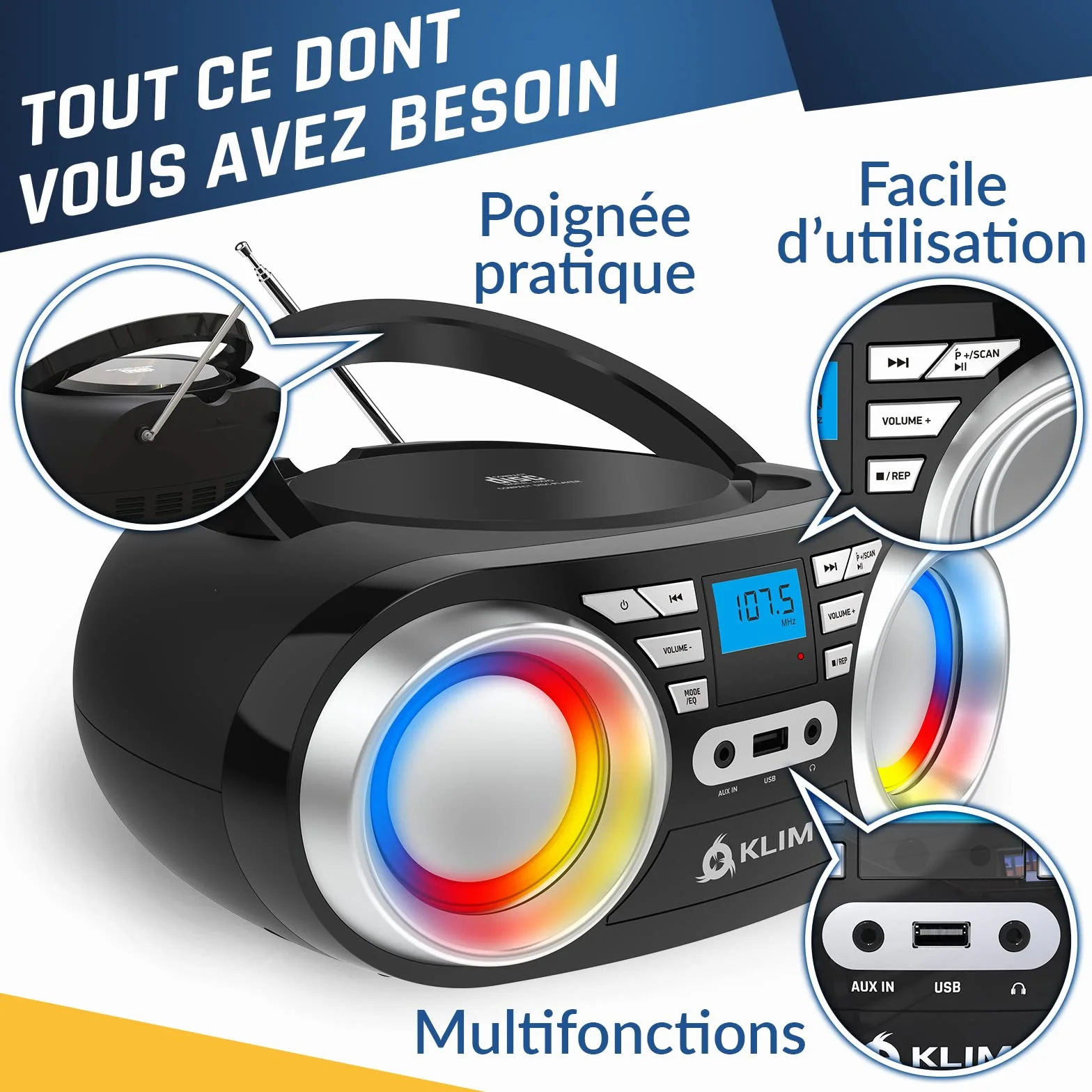 KLIM Boombox B3 - Poste Radio CD Portable - Nouveauté - Radio FM, CD, Bluetooth, USB, MP3 - CD Boombox - Mode Filaire et sans Fil avec Piles Rechargeables - Lentille Laser - Lecteur CD Portable