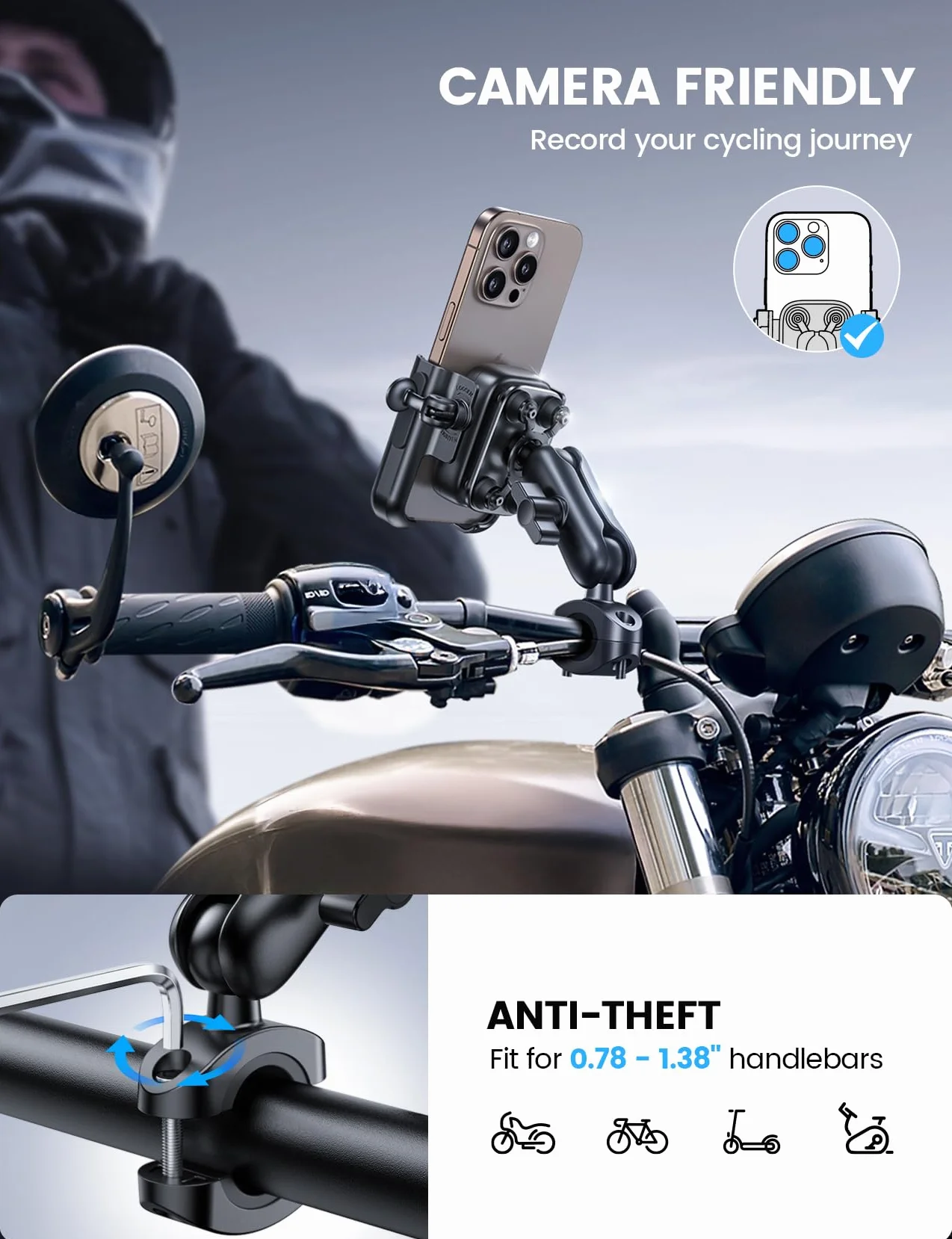 Lamicall Support Téléphone Moto - [Tout Métal] [Anti-Vibration] [Bras Rétractable] Antivol, 2 x 360° Rotation, Porte Téléphone Vélo, pour iPhone 17 16 15 14 13 et Autre Smartphone de 4,7-7,2" - Noir