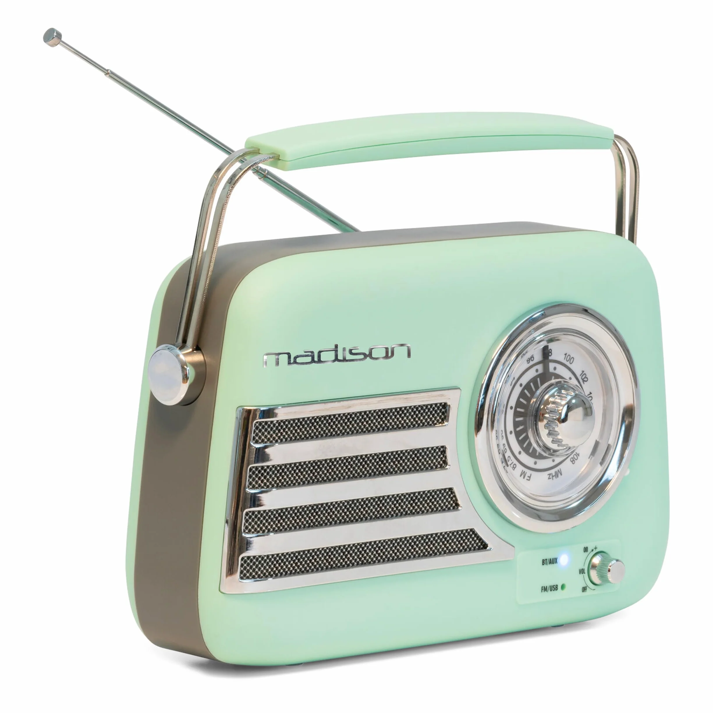 Madison - FREESOUND-VR40GR-MAT - Radio Vintage 30W sur Batterie Longue autonomie - Bluetooth, USB & FM - Vert pâle Mat - Vintage, Nostalgie, rétro