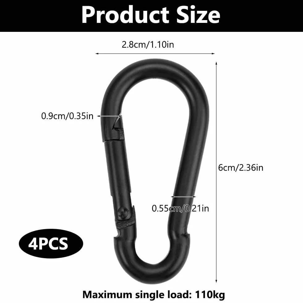 Mousqueton Petit Noir 6 x 2.8cm Acier Inoxydable 4 Pièces Camping Randonnée
