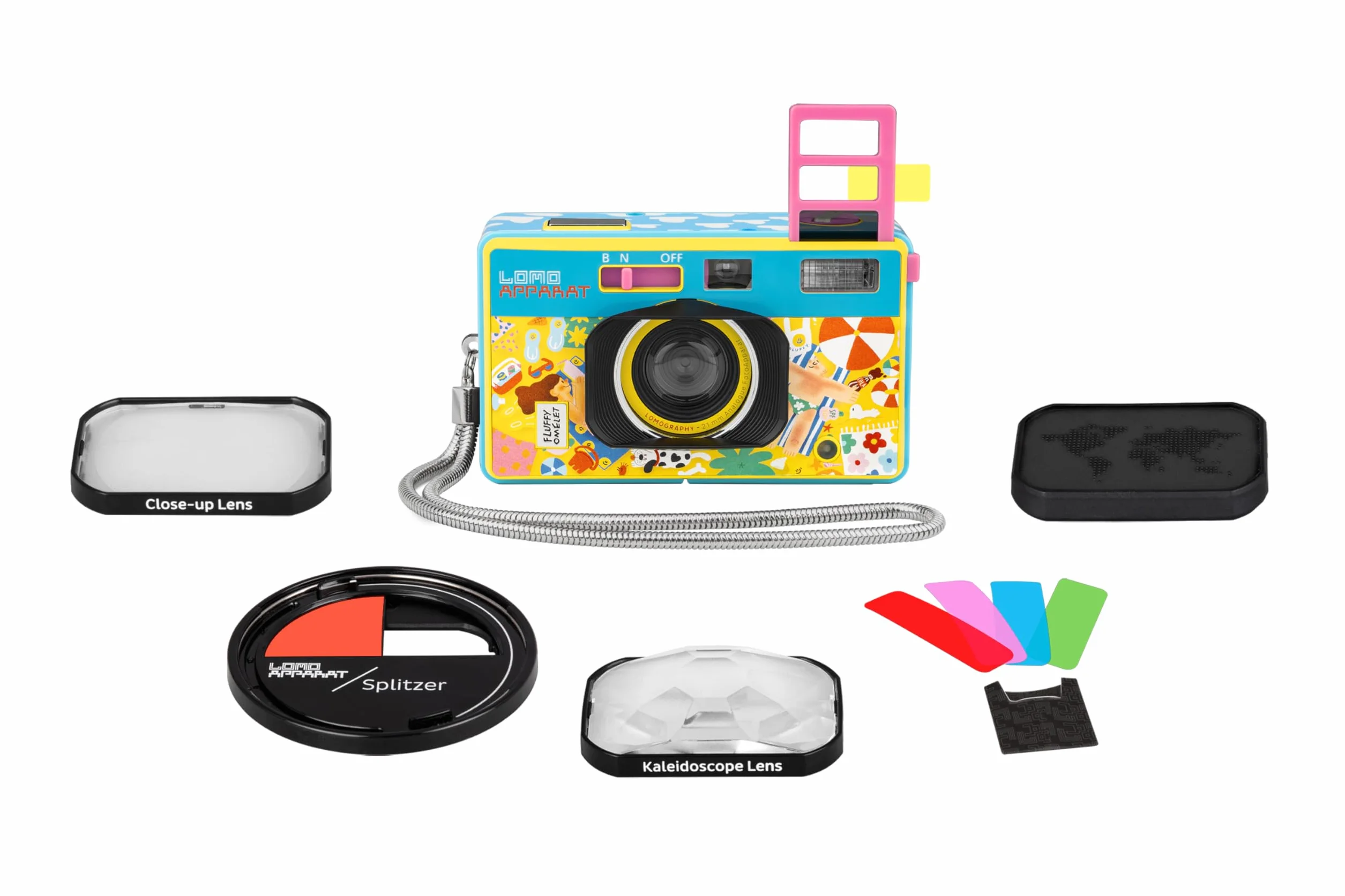 Lomography LomoApparat Appareil photo grand angle 35 mm édition Omelette duveteuse, filtres flash et couleur intégrés, objectif kaléidoscope, objectif gros plan, splitzer, exposition multiple, longue