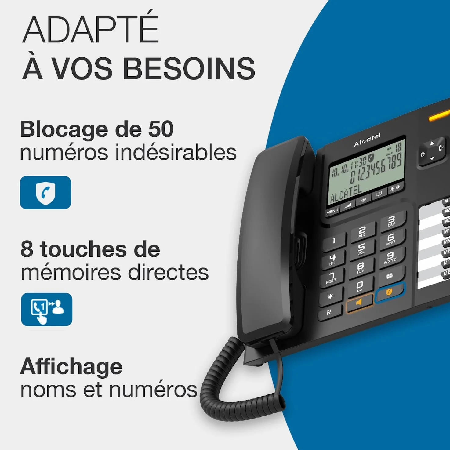 ALCATEL T78 Téléphone Fixe Filaire Grand Écran Alphanumérique Mains Libres Blocage d'Appel Noir