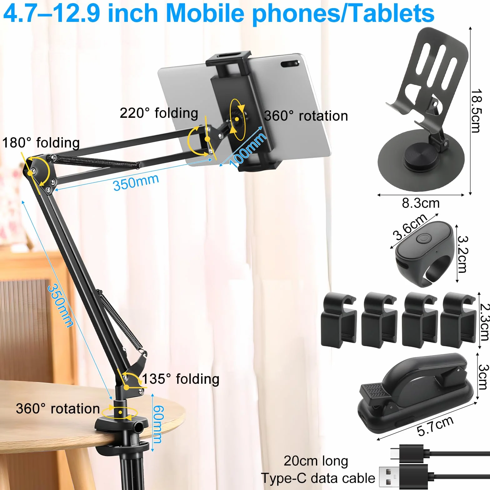 KingYH Support Réglable pour Tablette Lit avec Télécommande Kindle et Support Rotatif à 360° pour Téléphone Portable pour Kindle Paperwhite/Kobo/Pocketbook 4,7–12,9 Pouces Cadeaux pour Les Lecteurs