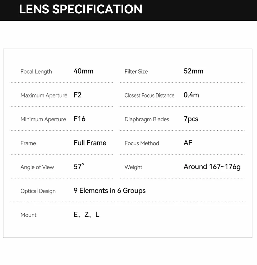 TTARTISAN AF 40mm F2 Objectif Plein Format Mise au Point Automatique Poids léger Objectif Polyvalent (pour L)