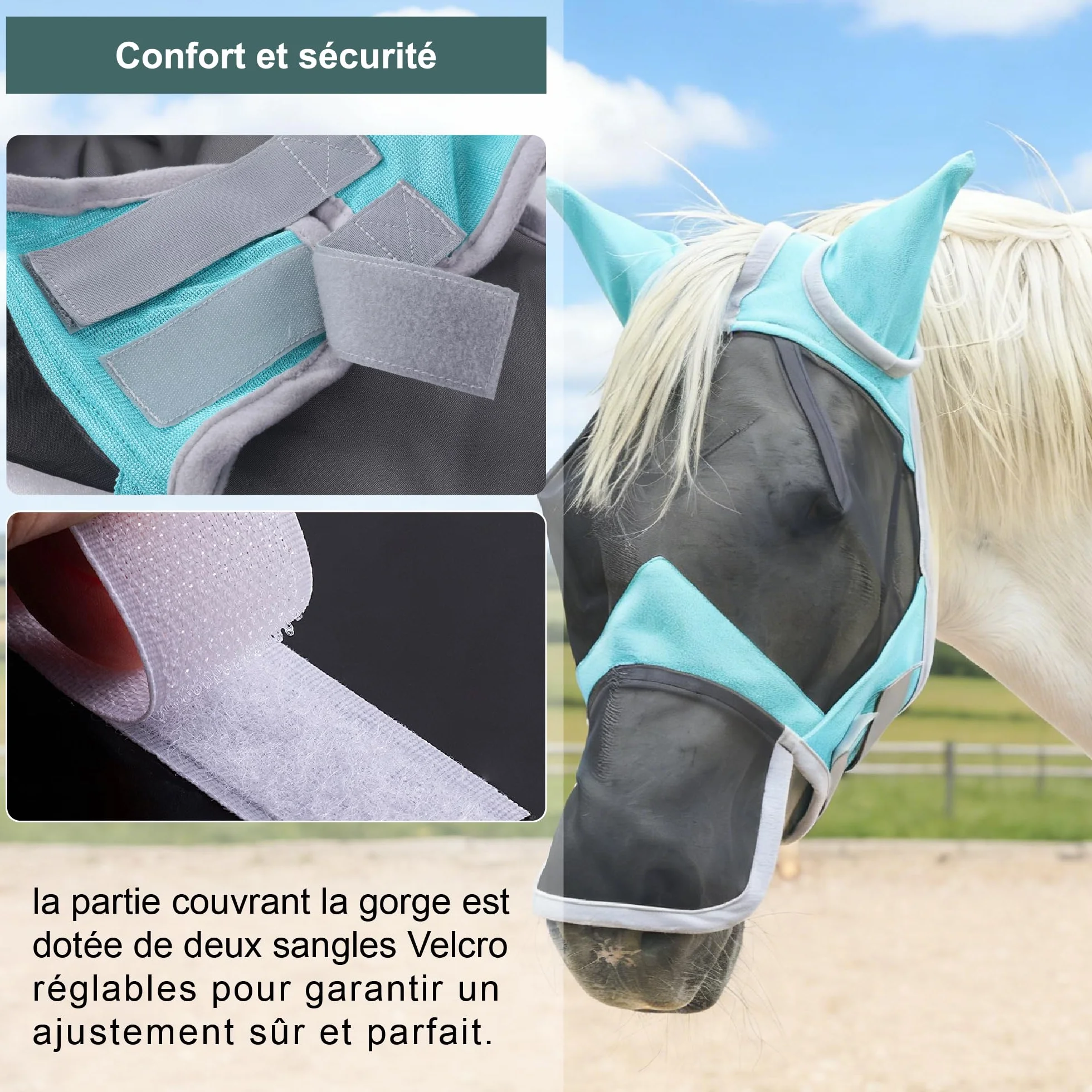 Masque Anti-Mouches pour Chevaux Protection Anti-UV Maille Respirante Turquoise Medium