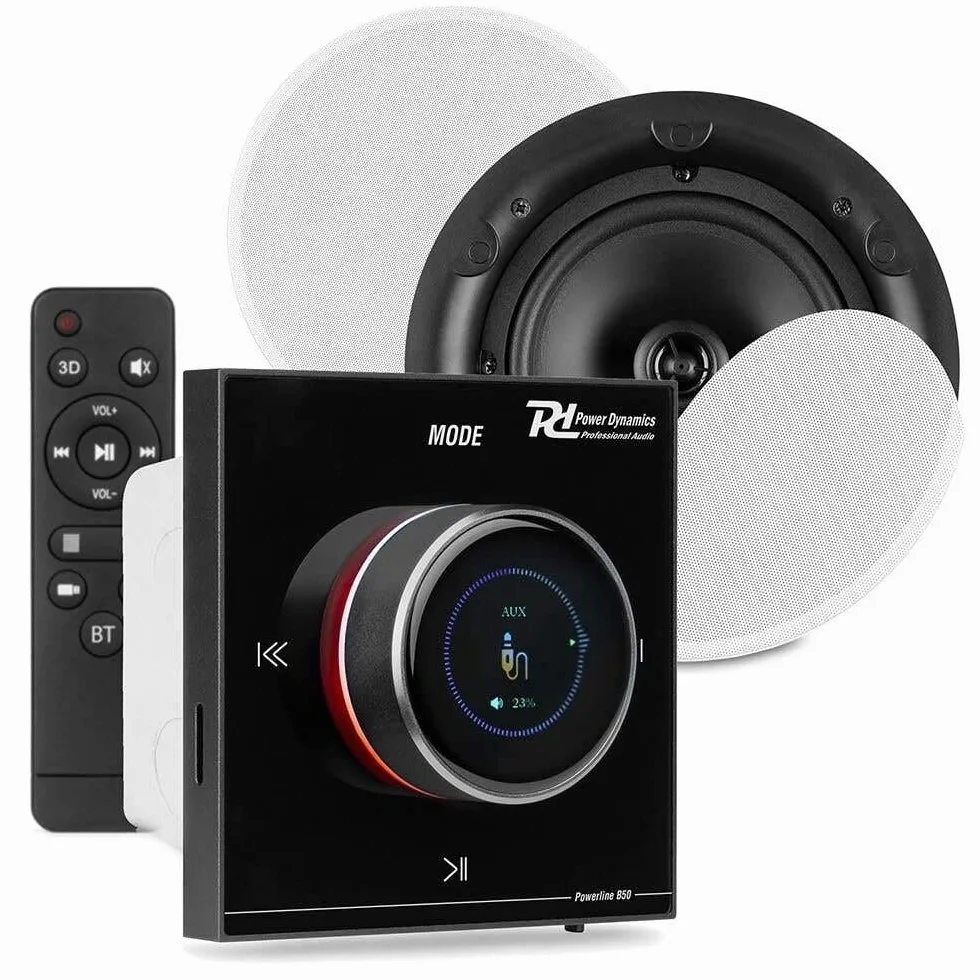 Power Dynamics Powerline B50BSet Amplificateur Mural Stéréo 2x25W Noir avec 2 Enceintes de Plafond 6,5" Blanches, Installation Discrète, Idéale Maison et Pro