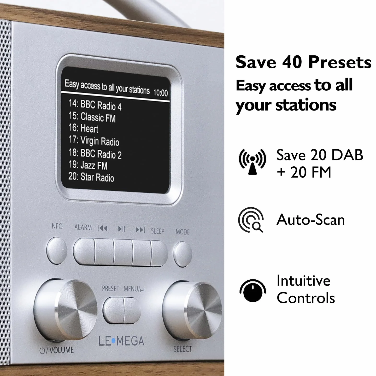 LEMEGA DR6 Poste Radio Stereo DAB/DAB+ Numérique avec Bluetooth, FM, Radio Réveil - Noyer