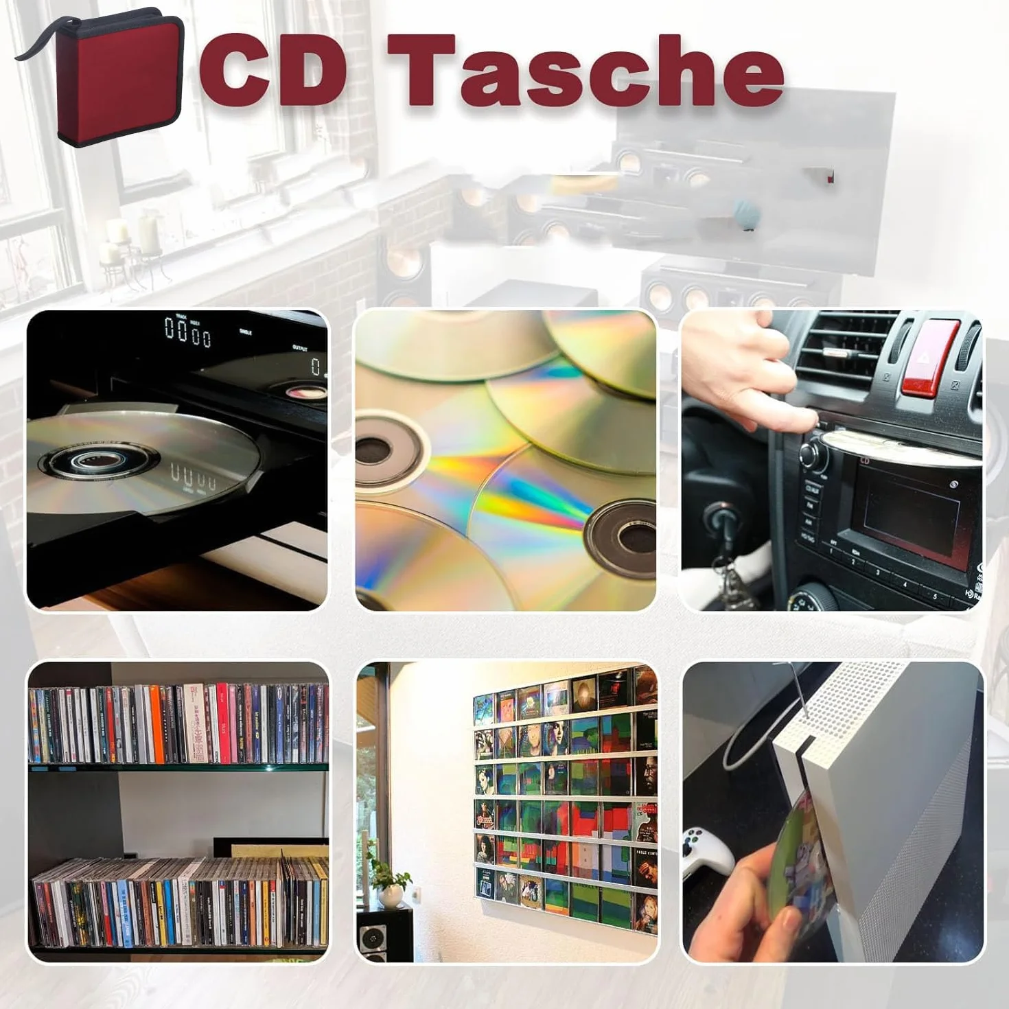 Sac de Rangement CD pour 40 Disques, DVD, Rouge Voiture Maison