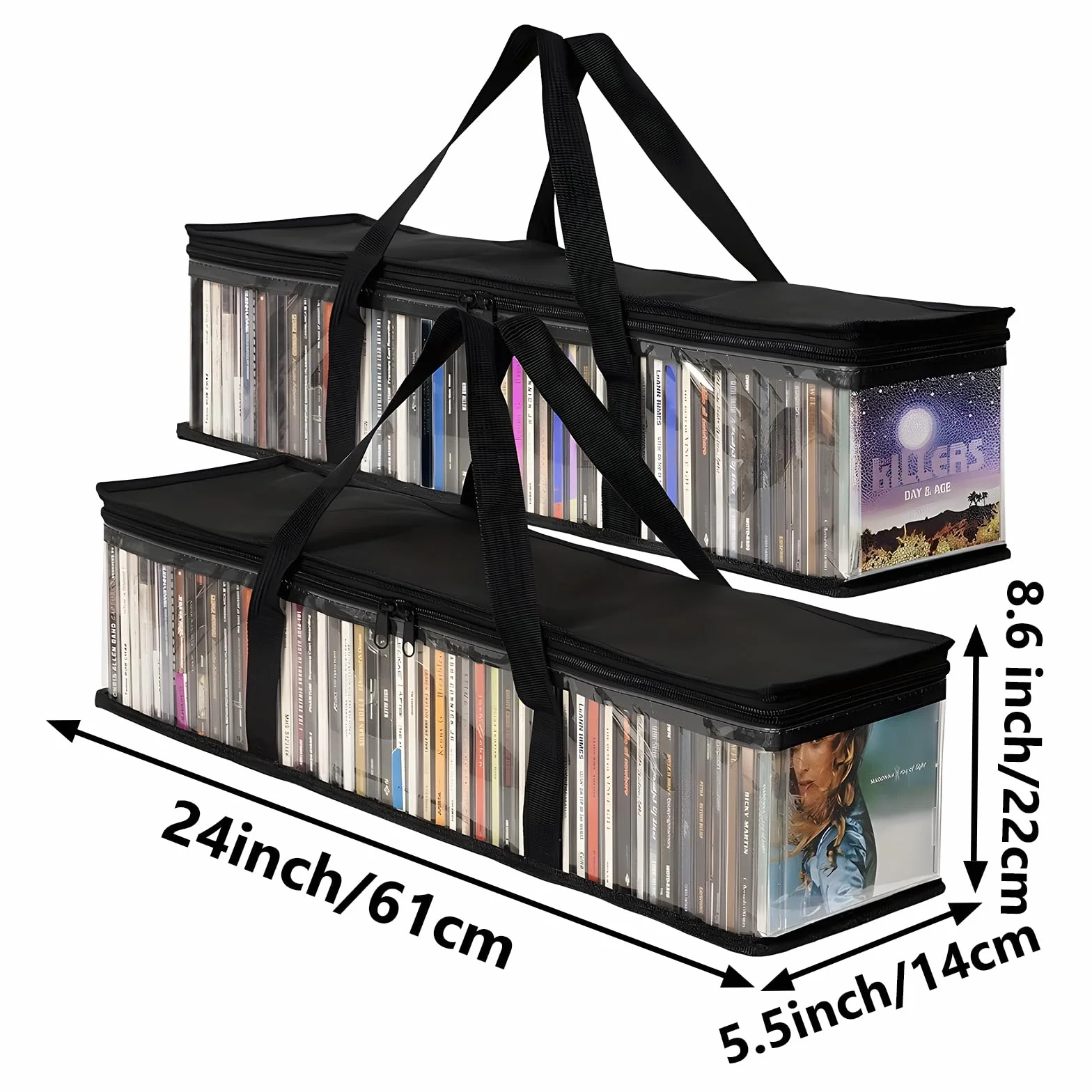 61x14x22cm Sacs de Rangement en Tissu Oxford PVC, Étui Transparent Grande Capacité avec Poignées Renforcées, Organisateur Portable pour Transport CD DVD Jeux Vidéo Livres Albums