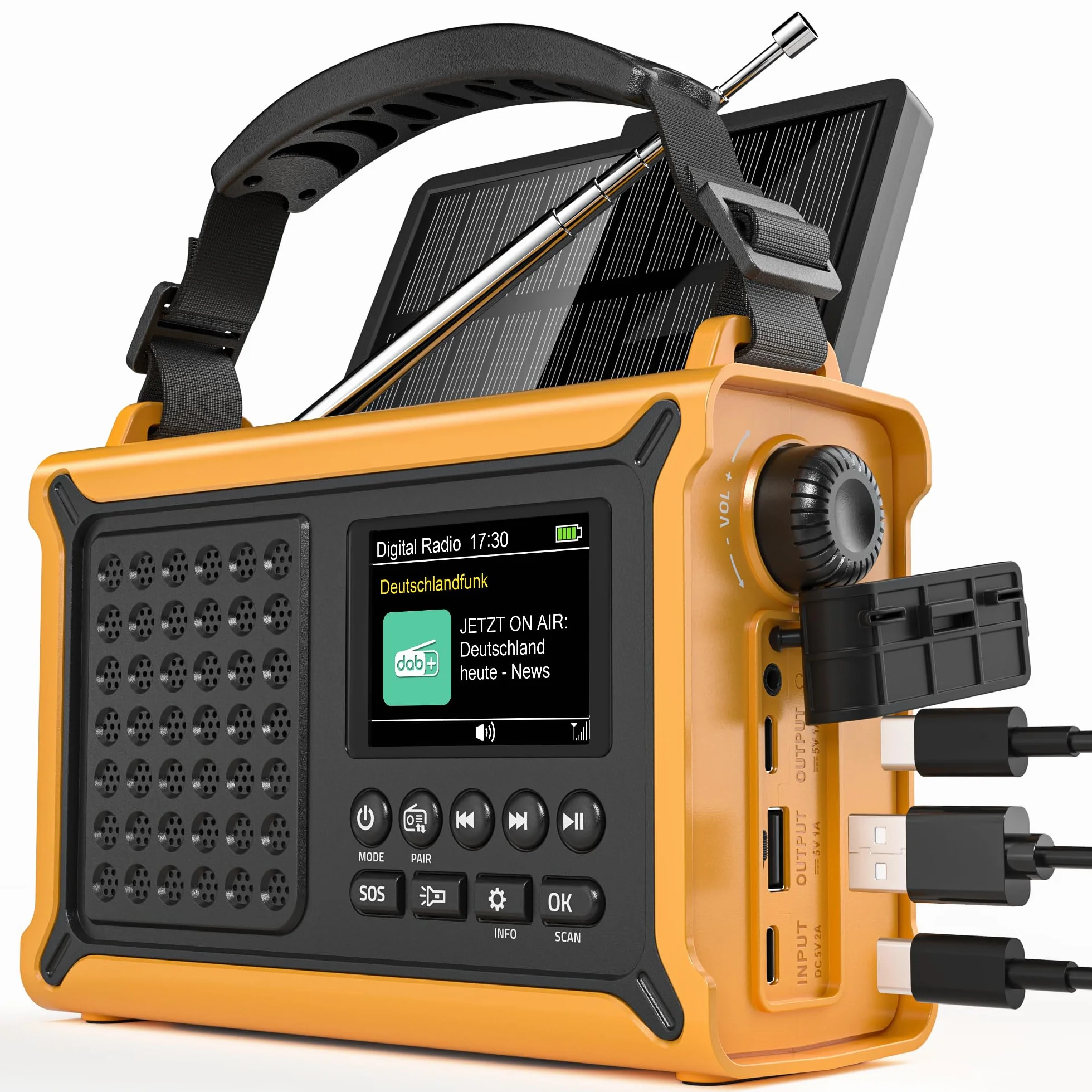 Solar Radio, Kurbelradio, 12000mAh Dab/Dab+/UKW, Notfallradio mit 8500mm² Solarpanel & 650mA Handkurbel, Dynamo Radio mit Bluetooth, ALS Taschenlampe & Ladegerät, USB, Für Camping, Notfall(Gelb)
