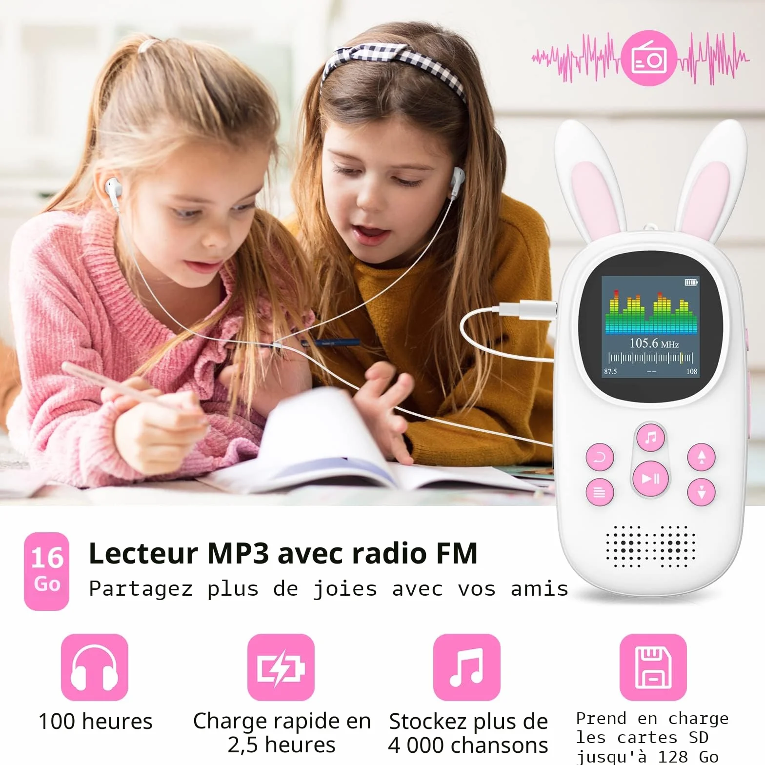 Lecteur MP3 Enfants 32 Go Bluetooth Haut-Parleur Radio FM Enregistrements Alarme Chronomètre