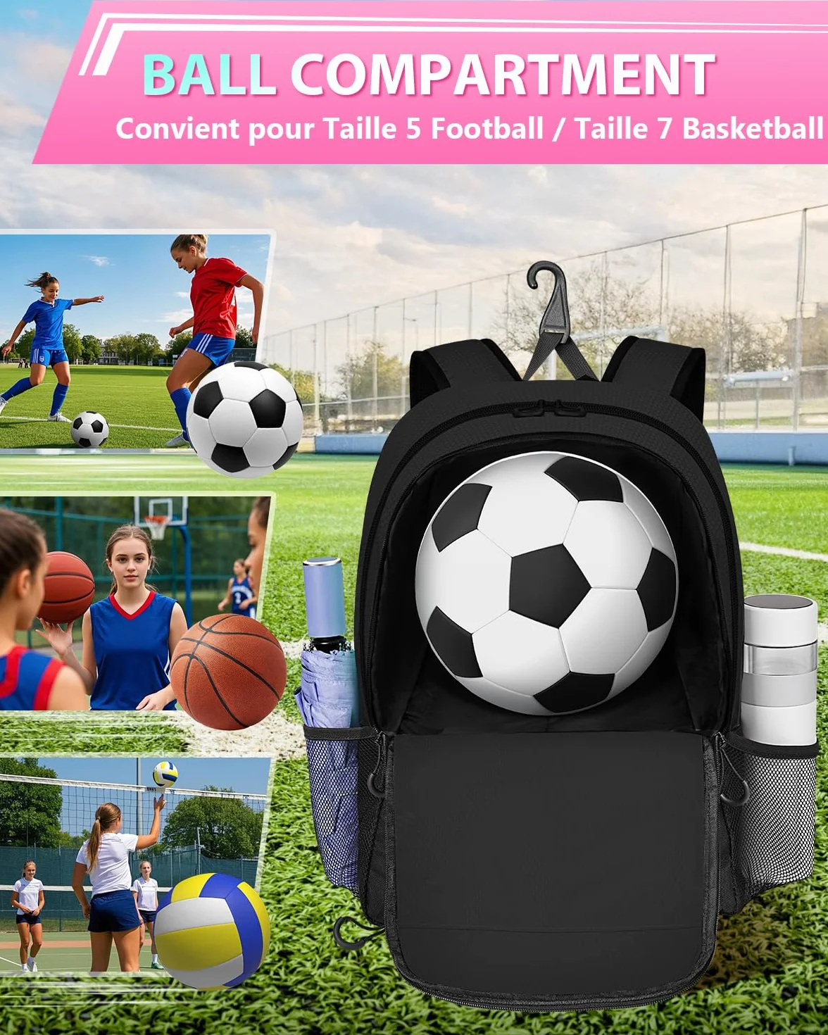 MATEIN Sac à Dos Football avec Compartiment à Chaussures Étanche pour Ordinateur Portable 15,6 Pouces, Noir