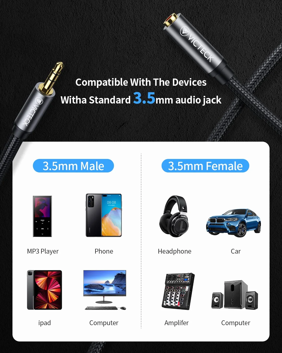 Rallonge Jack Audio 5M, Nylon Tressé Jack Stéréo Câble 3.5mm Mâle vers Femelle d'extension câble pour Casque iPhone Samsung Ecouteurs Haut-parleurs Tablettes PC Lecteurs MP3 et Plus