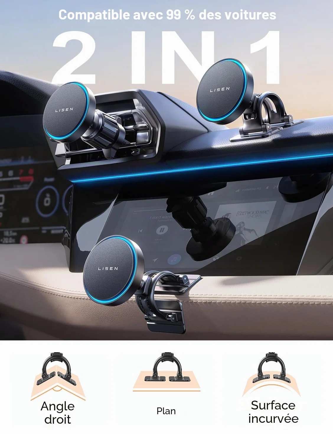 LISEN 15W Pro Support Téléphone Voiture Magsafe Induction Chargeur -[24X N52 Aimants] Support Telephone Voiture Magnetique, 360°Rotation Porte Telephone Voiture Aimanté pour iPhone 17 Pro Max 16-12