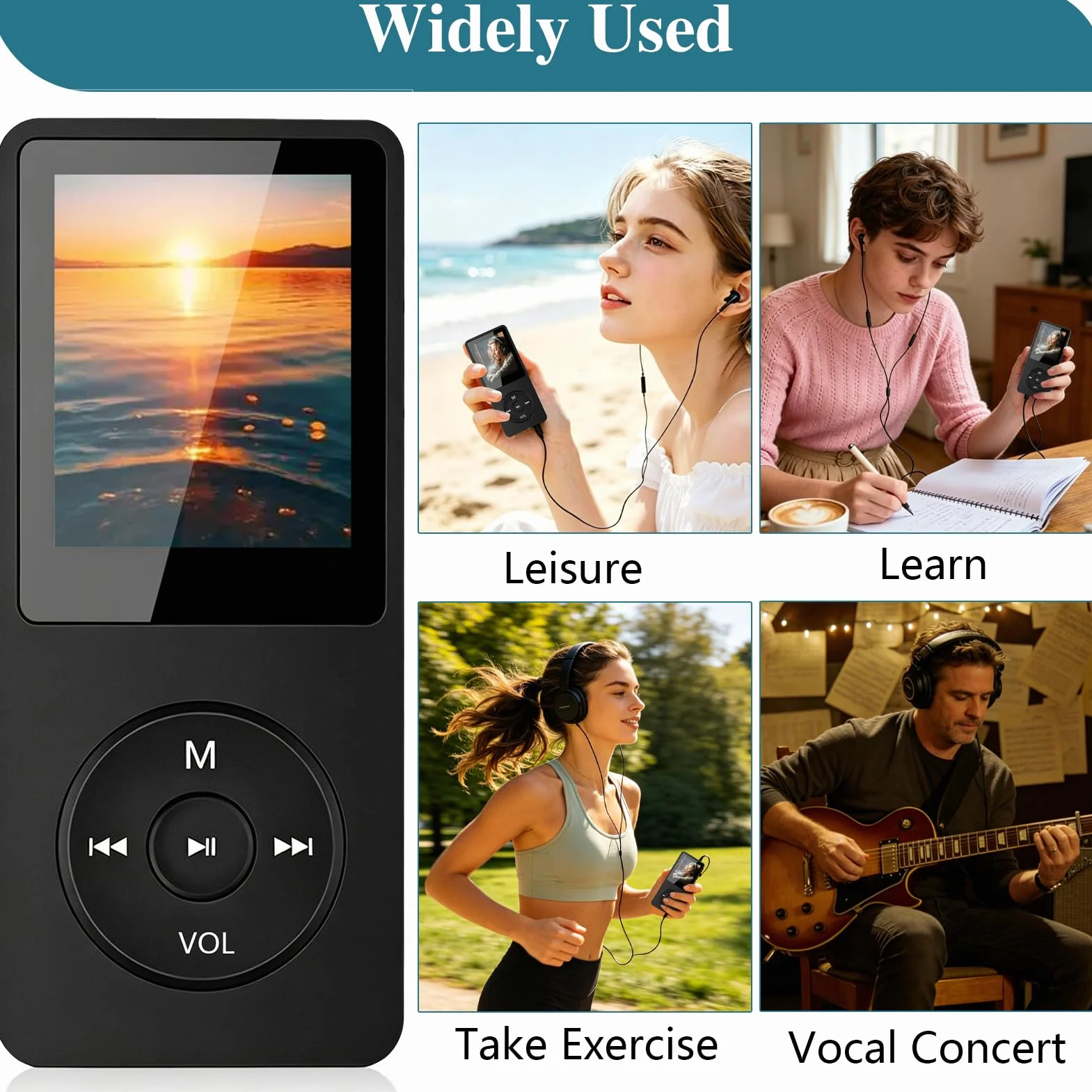 Lecteur MP3 Bluetooth 5.3 64Go avec Haut-Parleur, Radio FM, Écran 1,8", Autonomie 70H, Léger