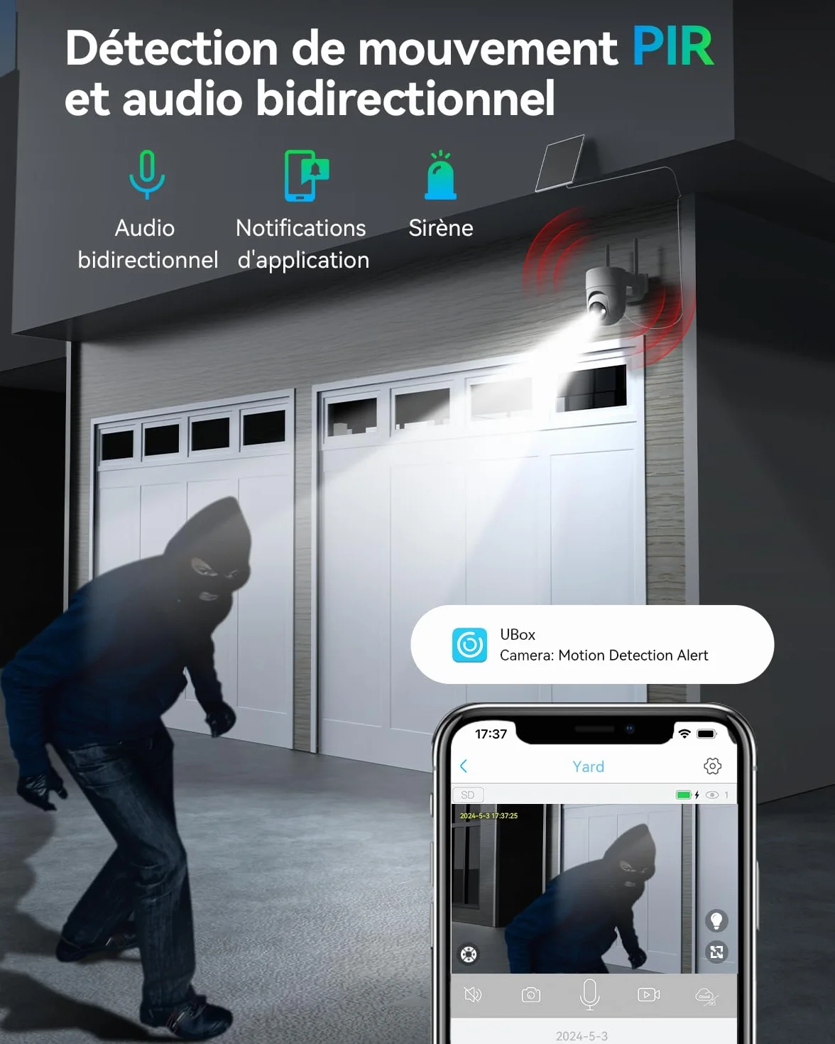 SEHMUA 2K Caméra Surveillance WiFi Exterieure sans Fil, 360° PTZ Caméra Extérieur sans Fil Batterie sur Panneau Solaire, 2,4 GHz, Vision Nocturne Couleur, Détection PIR, Audio Bidirectionnel, 2 Pièces