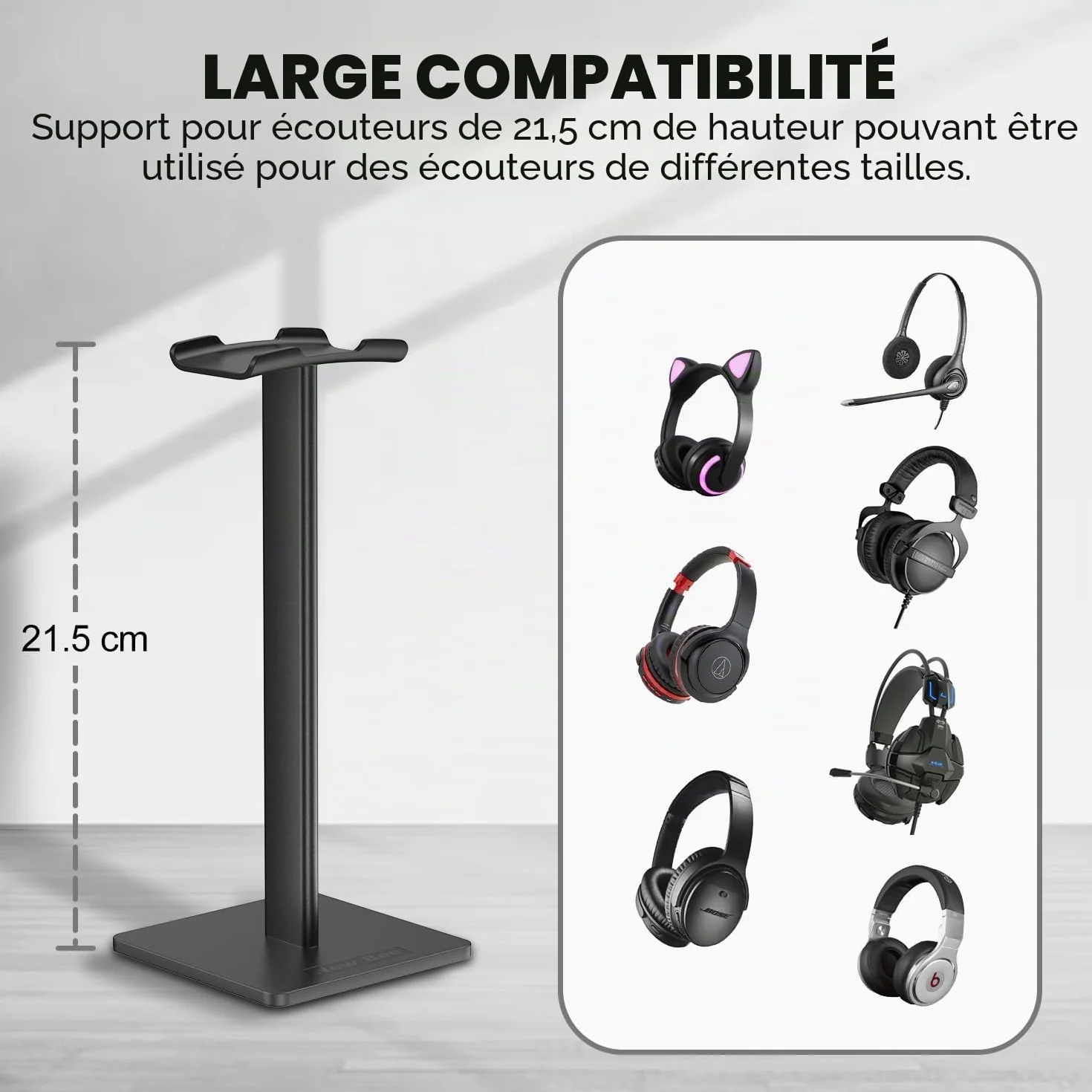 New Bee Support Universel pour écouteurs Over Sennheiser, Sony, Audio-Technica, Bose, AKG, Casque de Jeu et Affichage, Aluminium + TPU + ABS, Noir