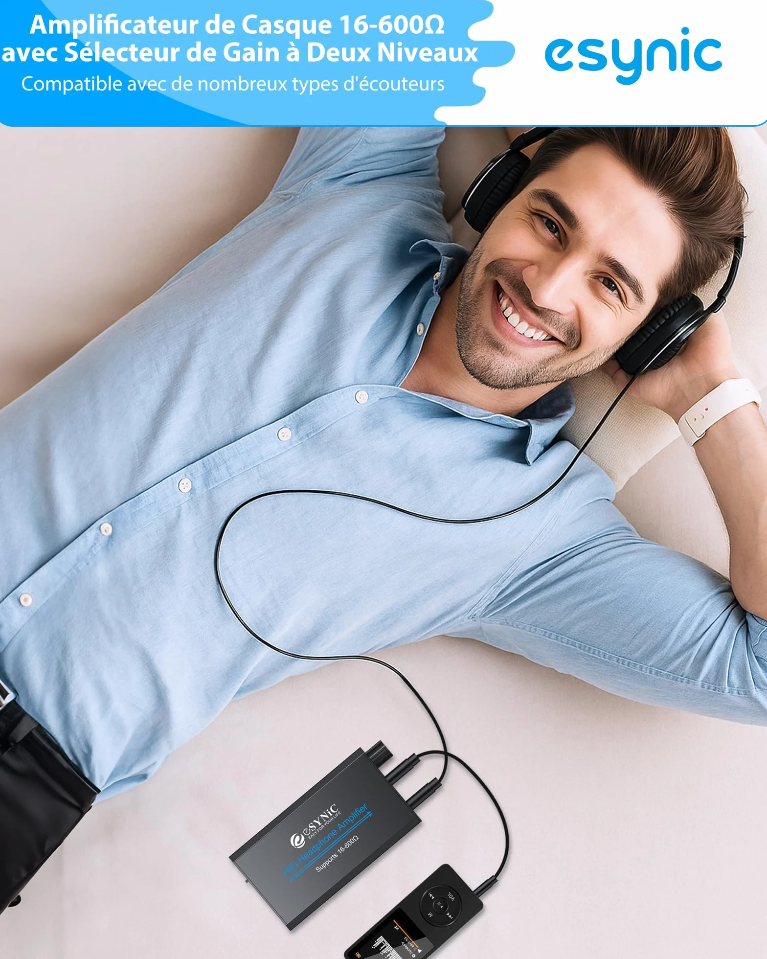 eSynic Ampli Casque Portable 16-600Ω Commutateur de Gain Amplificateur de Casque HiFi Interface Stéréo 3,5 mm Batterie au Lithium Amplificateur Audio Professionnel pour MP3 MP4 Téléphones Ordinateurs