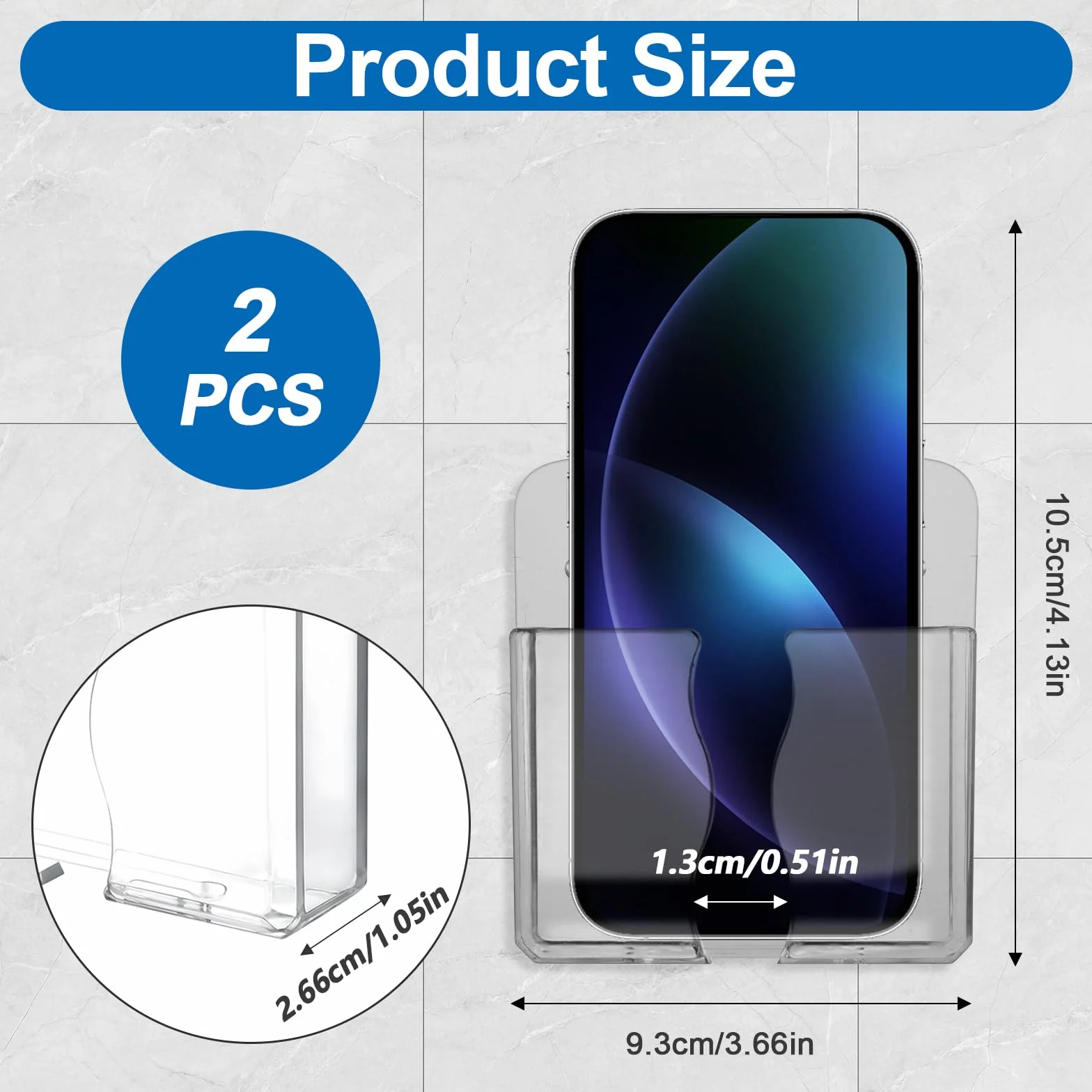 Lot de 2 supports muraux universels pour téléphone portable - Avec trou de chargement - Transparent - Support mural pour téléphone portable - Organiseur mural pour lit et salon