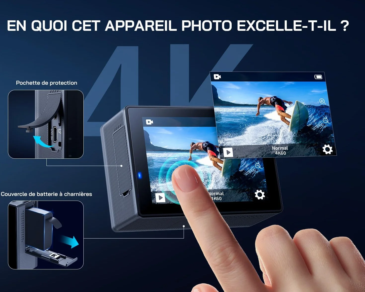 WOLFANG Caméra Sport 4K 60FPS, GA300 24MP Grand Angle Écran Tactile WiFi Caméra Étanche, Zoom 8X Stabilisateur EIS Appareil Photo (Microphone, Télécommande, 2 Piles 1350mAh et Kit d'accessoires)