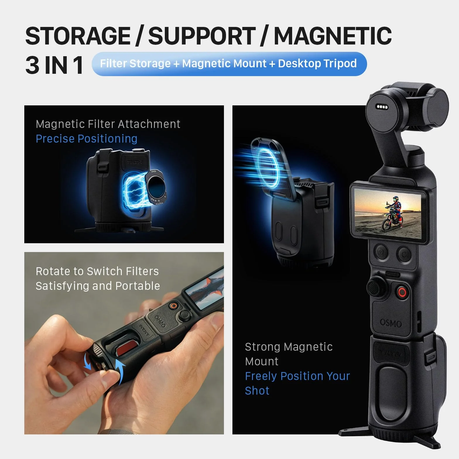 Tilta Base de Filtre Magnétique Compatible avec DJI Osmo Pocket 4, Support Rotatif Rangement Filtres avec Trépied, Plaque Arrière Magnétique Compatible MagSafe, Peut Contenir 3 Filtres TA-T65-FSE-B