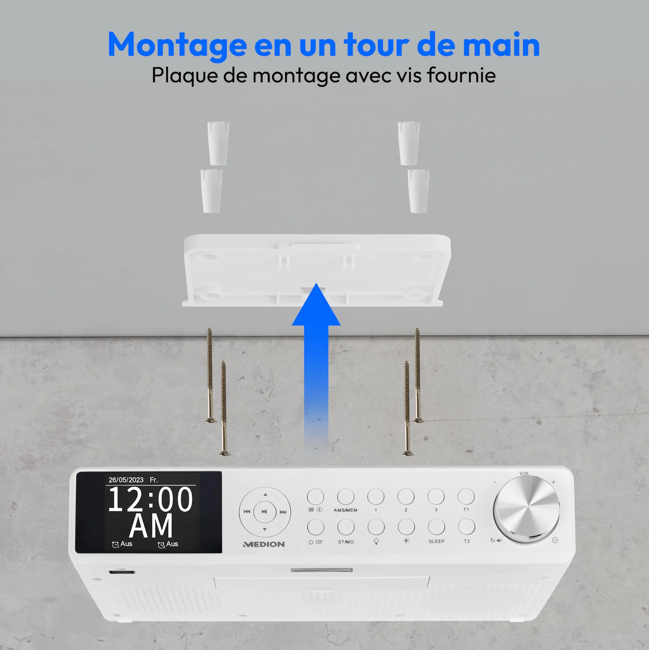 MEDION P66750 Radio de cuisine encastrable (radio de cuisine DAB+, radio FM PLL, écran couleur TFT à intensité variable, minuterie de cuisson, Bluetooth, barre LED, matériel de montage inclus), blanch