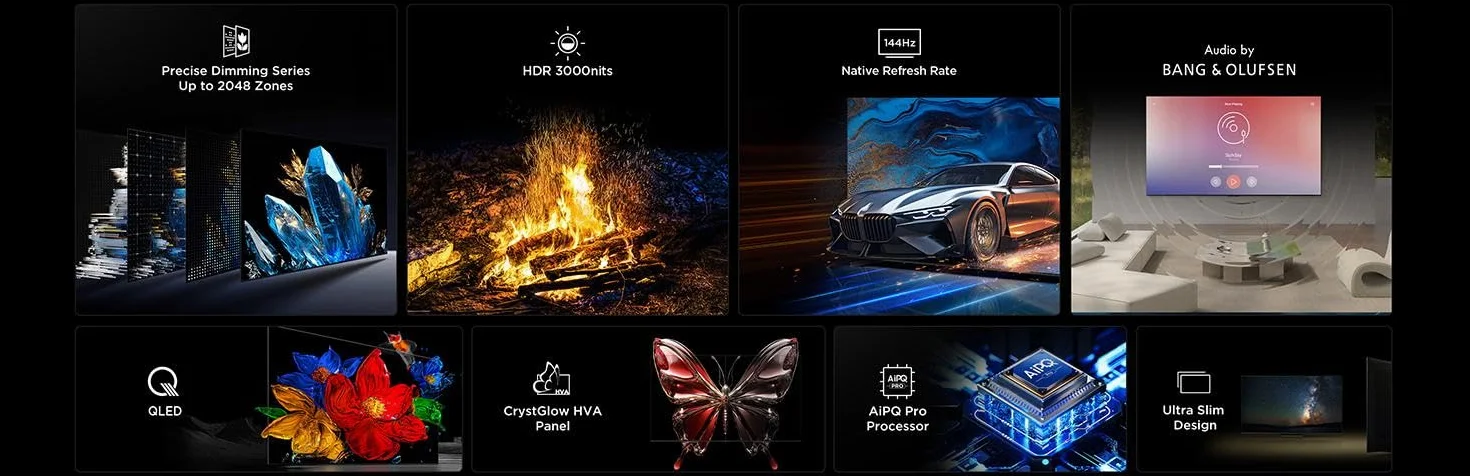 TCL 55C7K QD-Mini Téléviseur LED 55" 4K HDR Premium Dolby Vision IQ & Atmos, Bang & Olufsen Sound, Smart TV avec Google TV, 144 Hz, HDMI 2.1, AMD FreeSync Premium Pro, AirPlay 2, Google Assistant