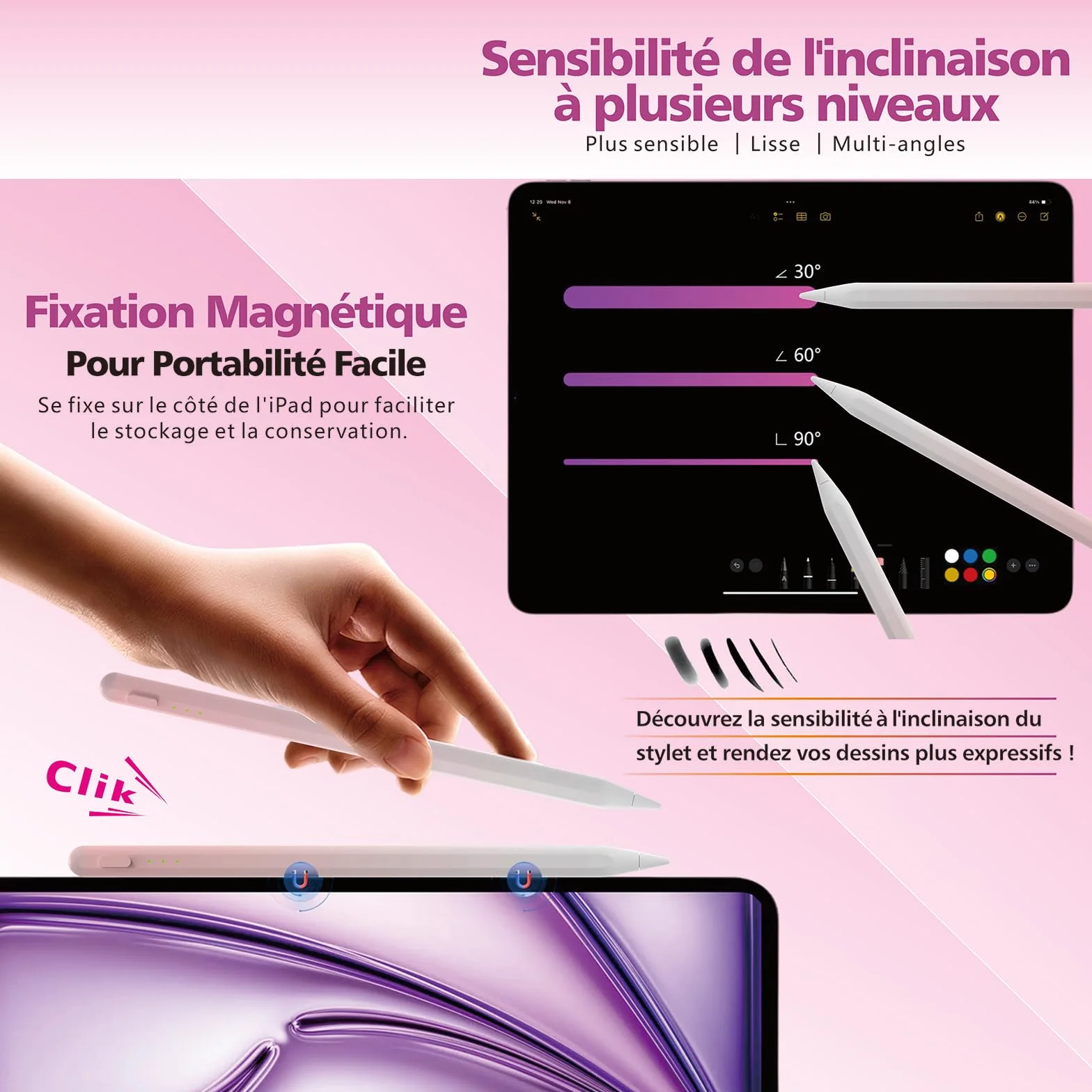Stylet iPad 2018-2025, Charge Rapide 14 Min, Rejet Paume, Sensibilité Inclinaison, Stylo iPad 11/10/9/8/7/6, Pro 12.9/11/13 M4, Mini 6/5, Air 5/4/3/11-13 M2/M3 (Rose)