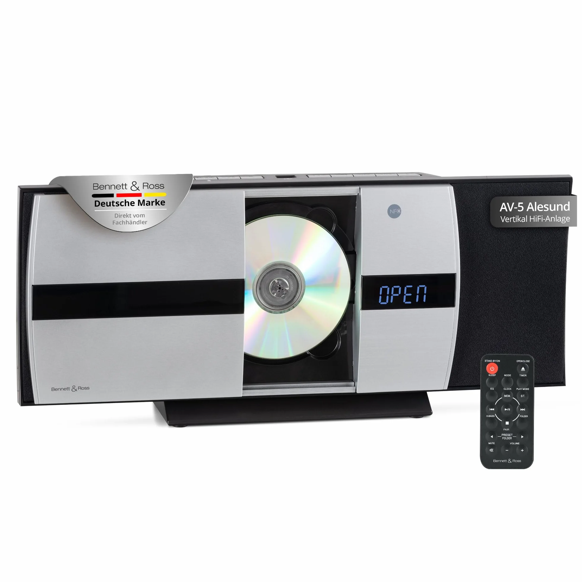 Bennett & Ross Ålesund Microchaîne hi-fi avec lecteur CD, MP3, UKW, USB, Bluetooth NFC - Installation murale ou sur pied - Argenté