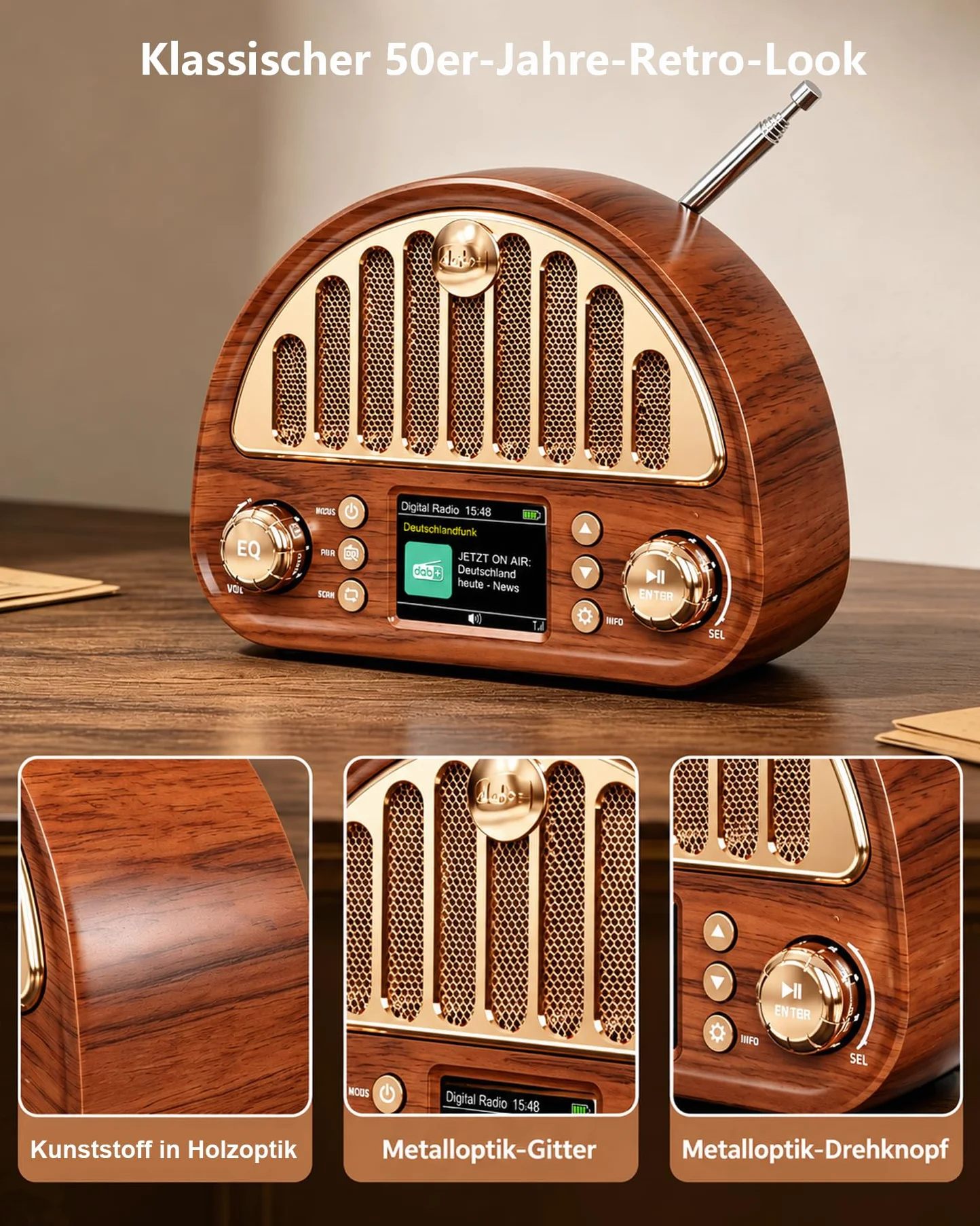 Radio Vintage DAB+/FM Bluetooth Portable, Poste Radio Numérique avec Batterie Rechargeable 3000 mAh, Double Réveil