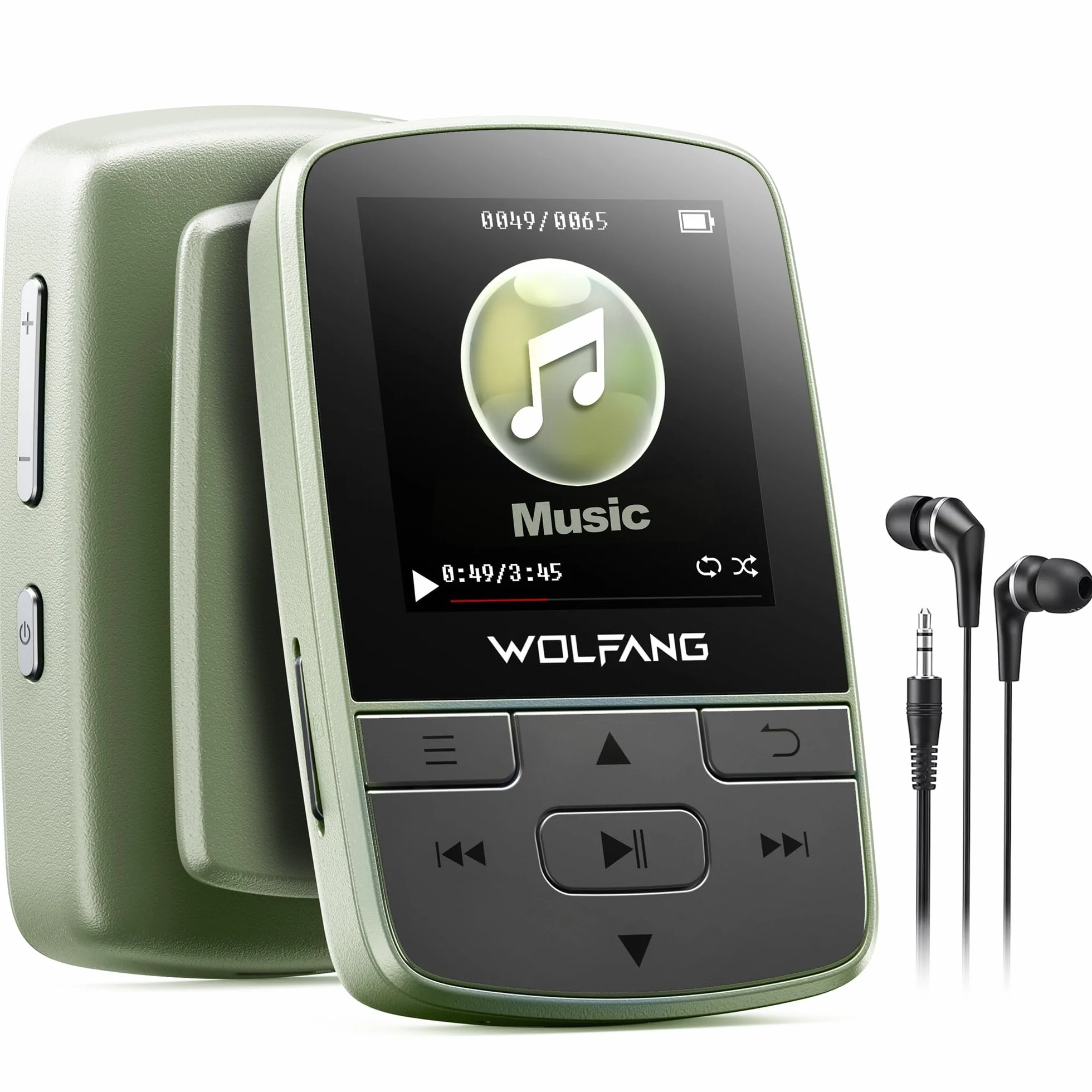 WOLFANG Lecteurs MP3 avec Bluetooth 5.2, Clip Sport, Taille Mini, Poids 28,3 g, Radio FM HiF, enregistreur Vocal, Jusqu'à 128 Go, sans Carte mémoire, écouteurs Inclus, Vert Kaki
