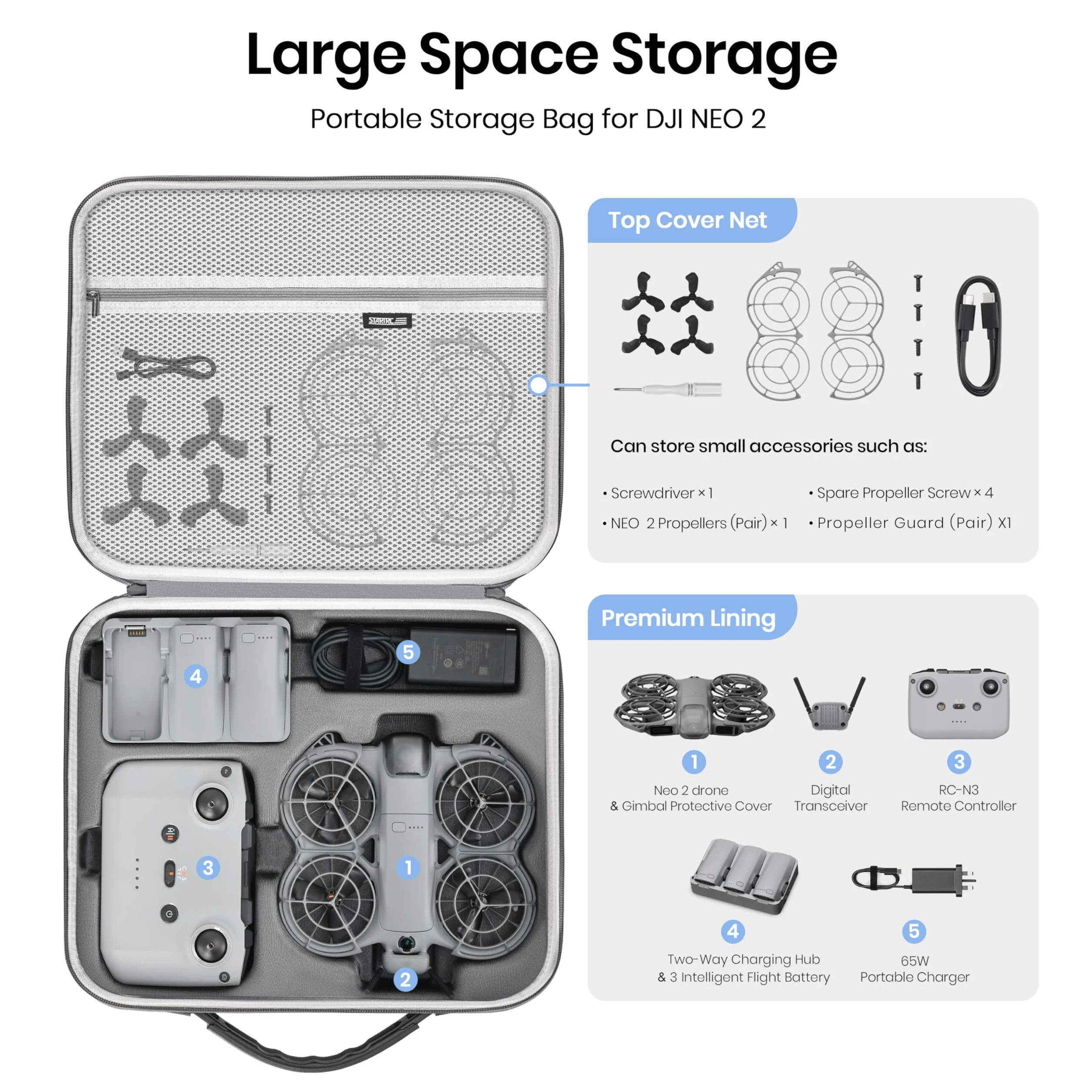 STARTRC Housse de Protection Rigide pour DJI Neo 2 Fly More Combo - Étui Multifonction Drone