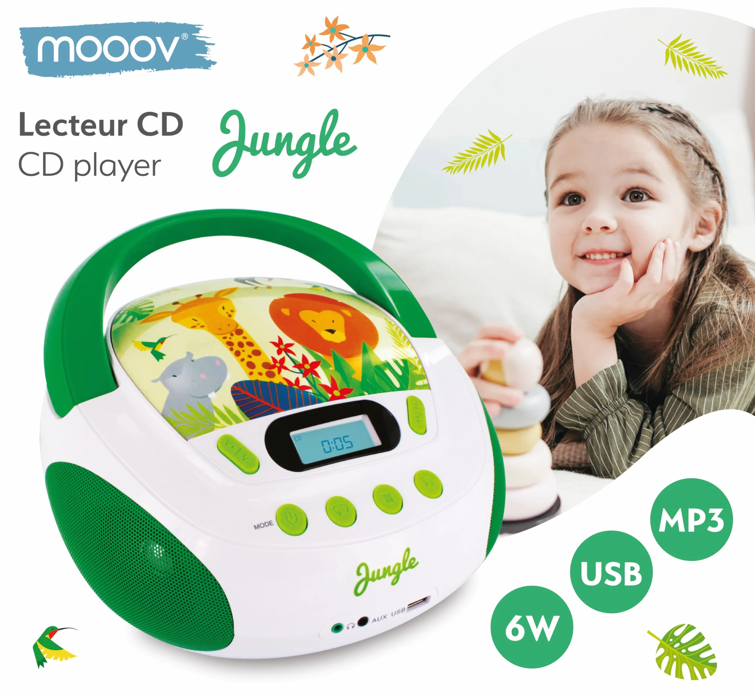 MOOOV Lecteur CD Enfant Jungle MP3 USB AUX-in Prise Casque Portable Vert Blanc