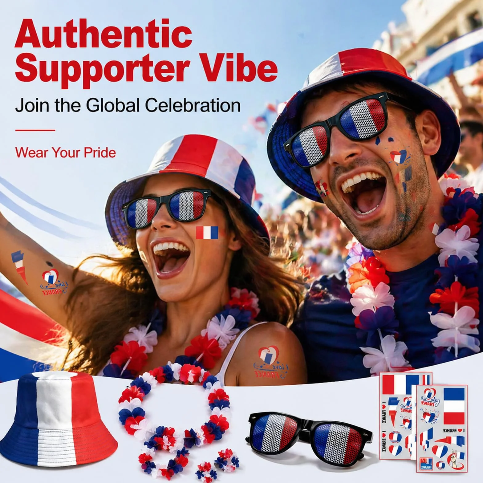 Ensemble Accessoires de Supporters France 11 Pièces avec Chapeau de Pêcheur