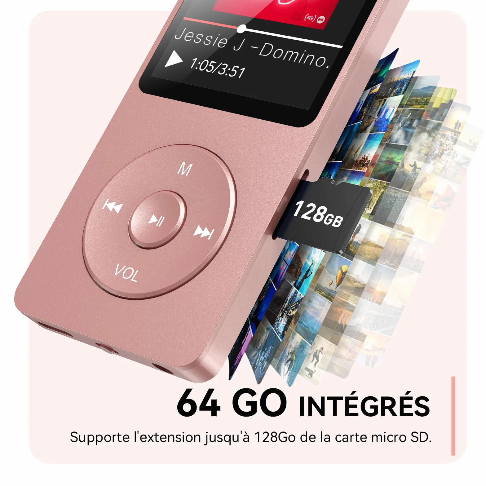 AGPTEK Lecteur MP3 Classique 64Go, Autonomie 70 Heures, Léger 30g, Hi-Fi, Baladeur Sport Enfant Adulte, Carte TF 128G - Rose