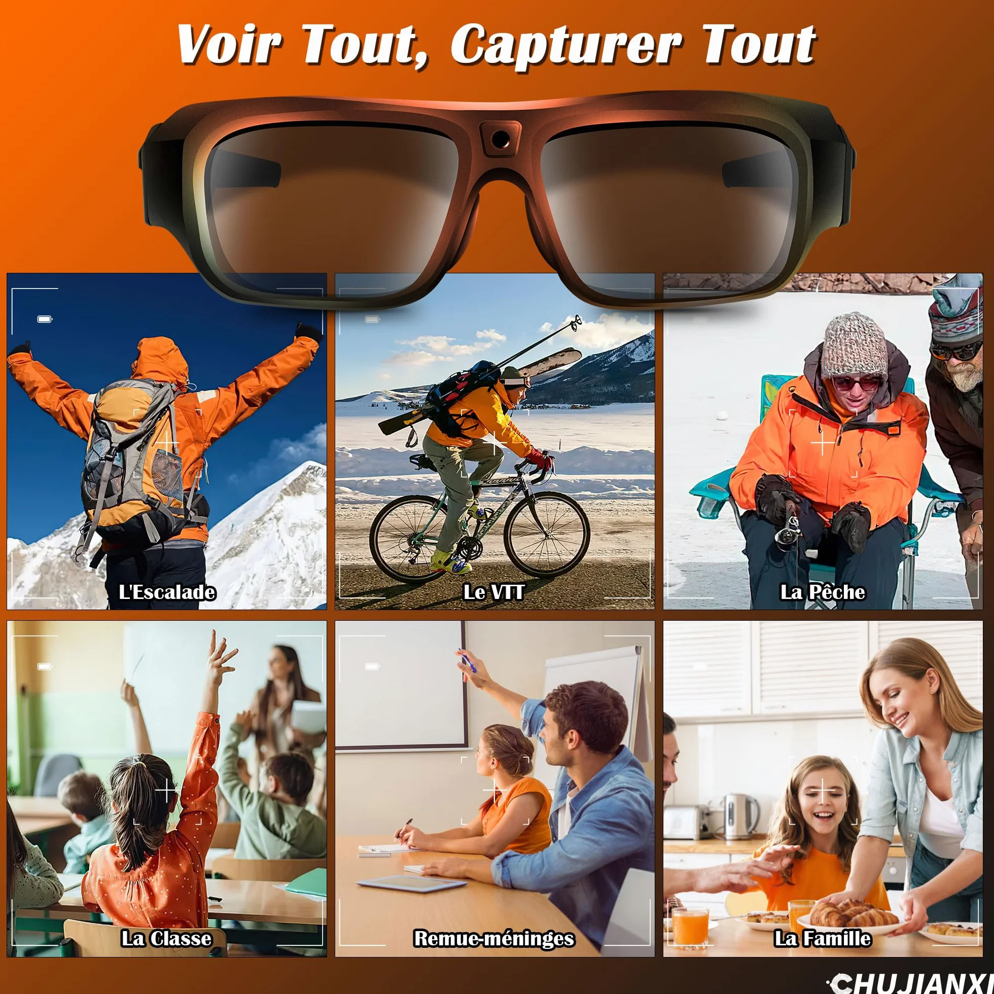 Lunettes avec Caméra 4K, Innovantes High-Tech Lunettes Camera de Sport pour l'extérieur, Lunettes de Soleil Vidéo avec Protection UV400, Support Photo/Vidéo, Opération à une Touche