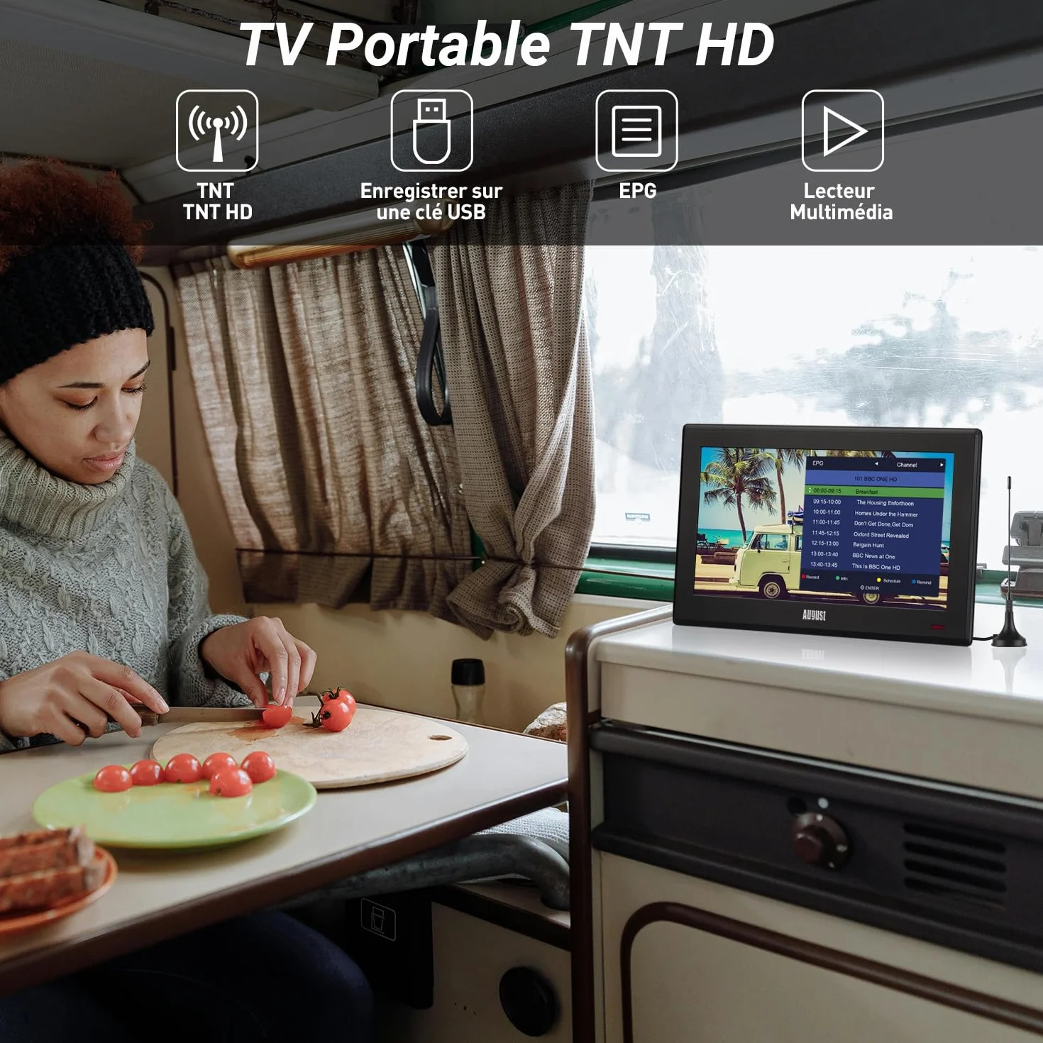 August DA100D Téléviseur Portable 10" TNT HD Enregistreur Intégré HDMI USB AV Camping Caravane