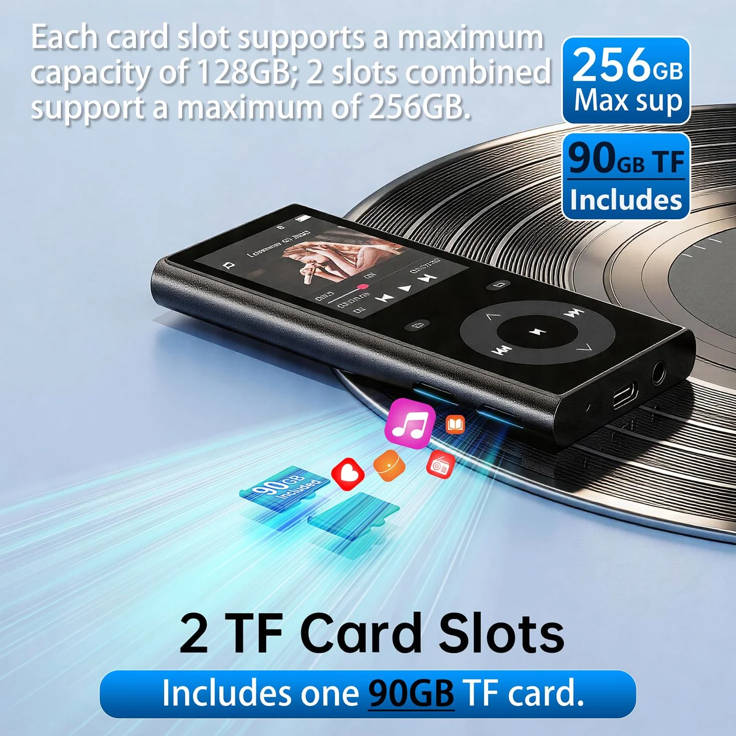 Lecteur MP3 Bluetooth 5.3, MP3 Player avec 2 Emplacements pour Cartes TF, Écran Couleur 2,4", Bouton Tactile, Haut-Parleur, Son HiFi, Jusqu'à 256 Go
