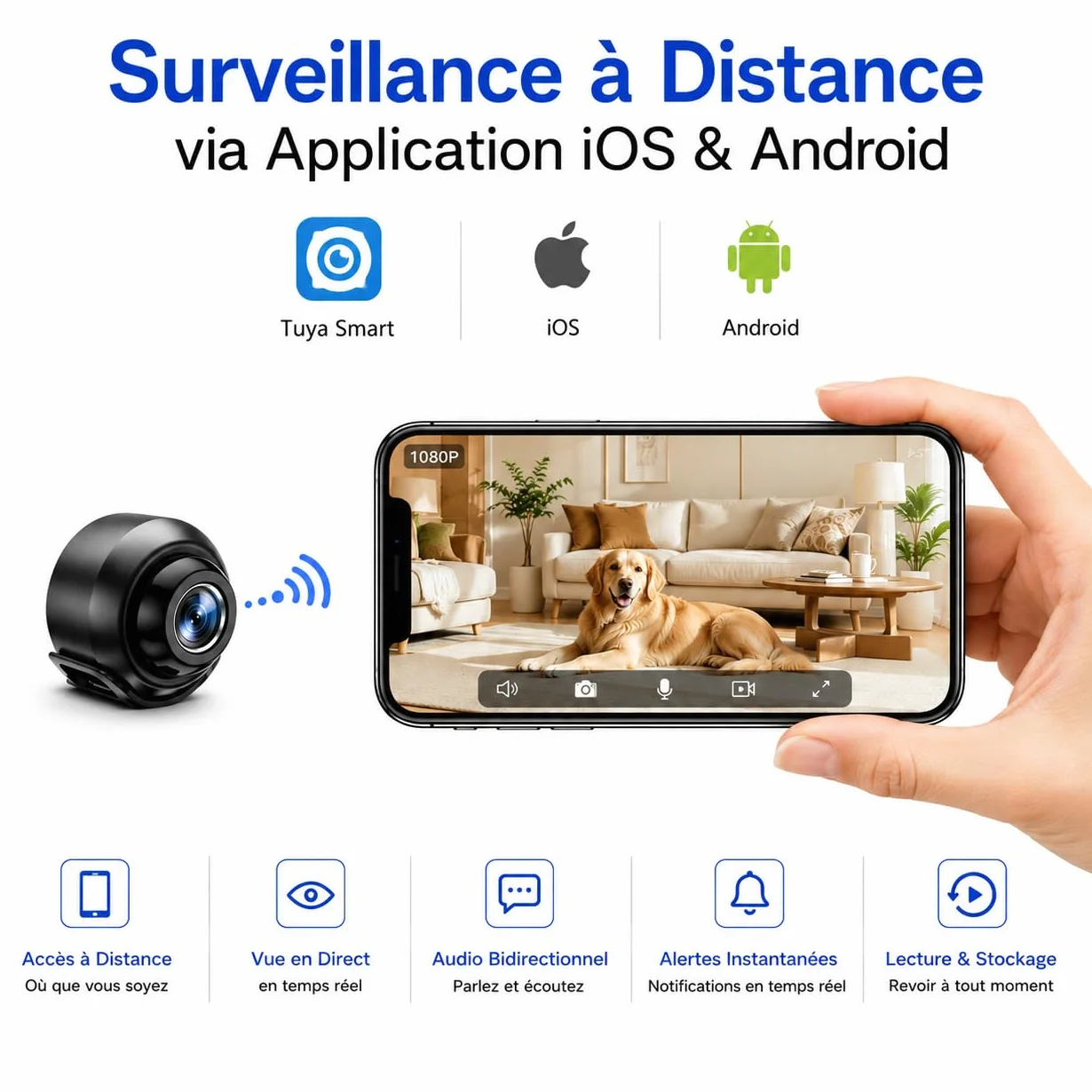 Mini Caméra Espion WiFi HD 1080P Caméra Cachée Sans Fil Vision Nocturne Détection de Mouvement Accès à Distance Enregistrement Continu Surveillance Intérieure Maison