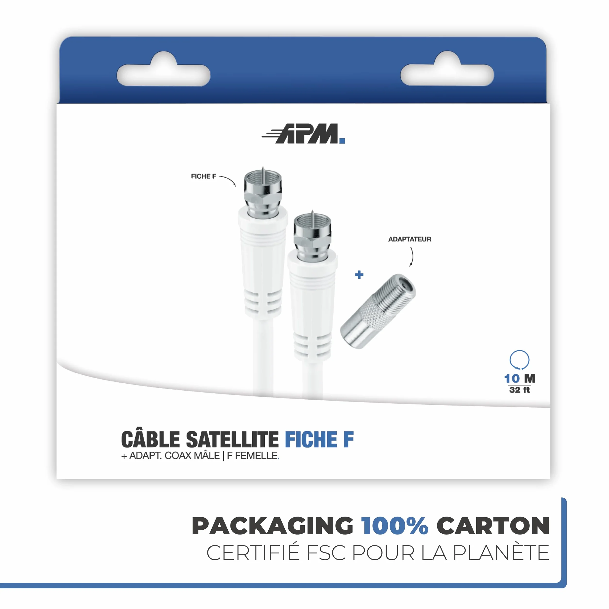 APM Câble Coaxial Satellite Fiche F Mâle, 10M + Adaptateur Fiche F Femelle vers Coaxial 9.52mm Mâle, Compatible TV Parabole Antenne Modem Satellite, 409007