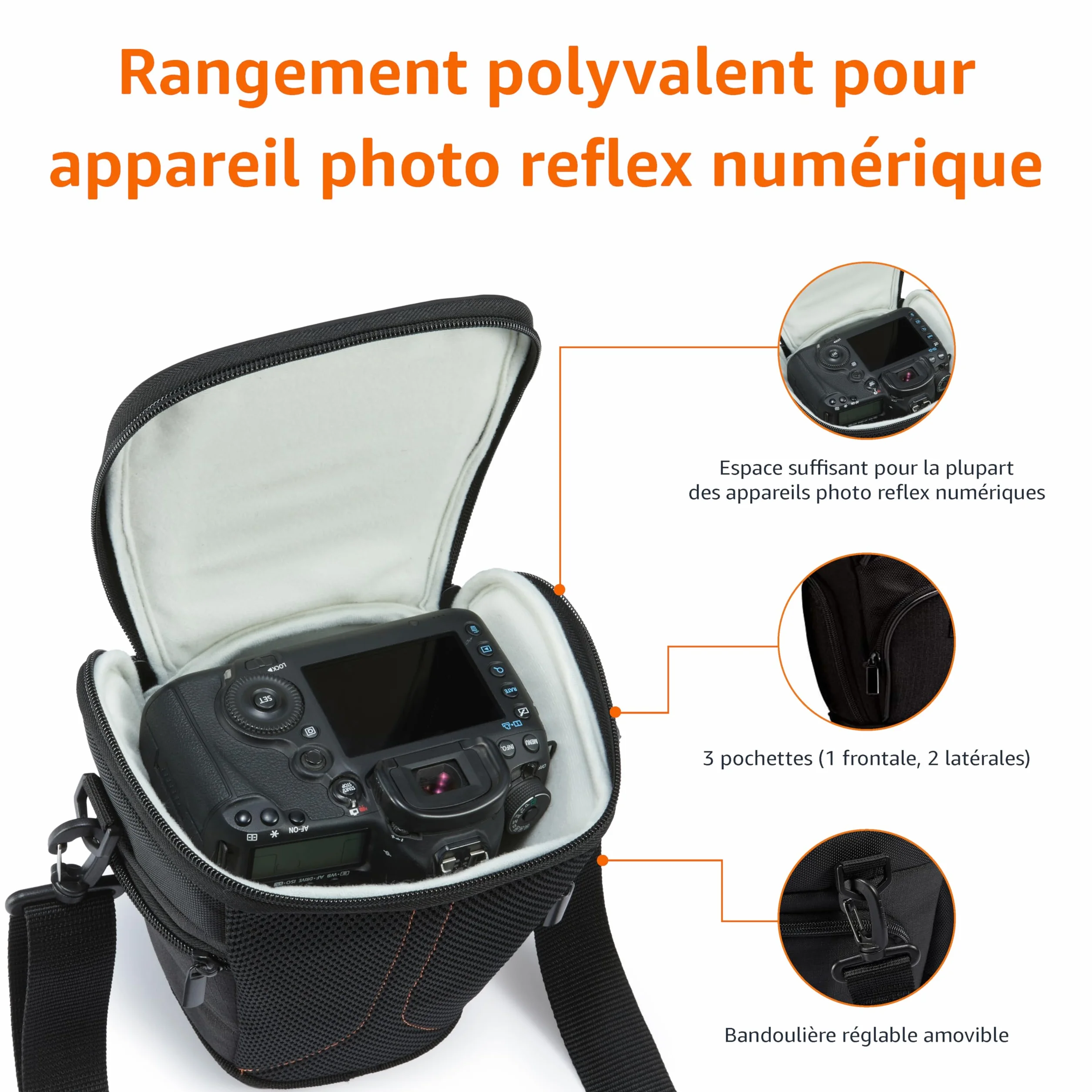 Amazon Basics Sac Bandoulière Style Housse pour Appareil Photo Reflex Numérique et Objectif, Imperméable, Noir